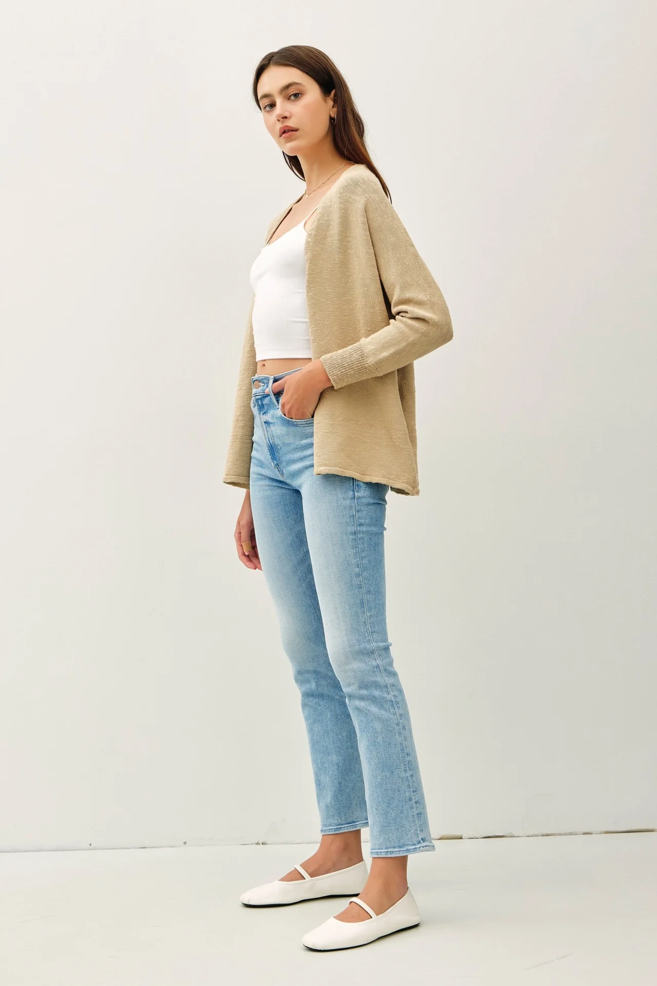 Taupe Slub Knit Open Cardigan - Image 3