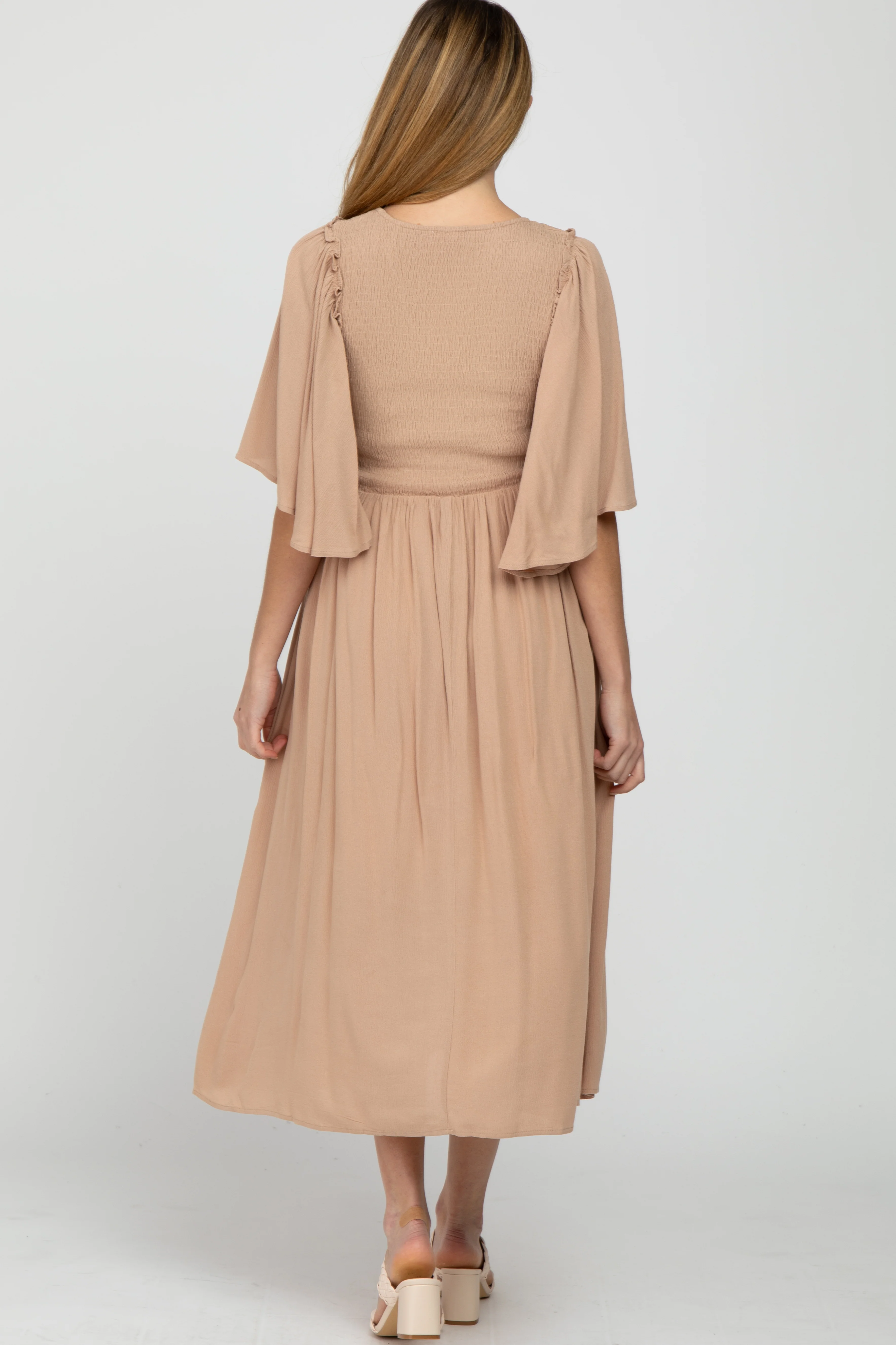Taupe Smocked Front Ruffle Sleeve Maternity Midi Dress - Image 3
