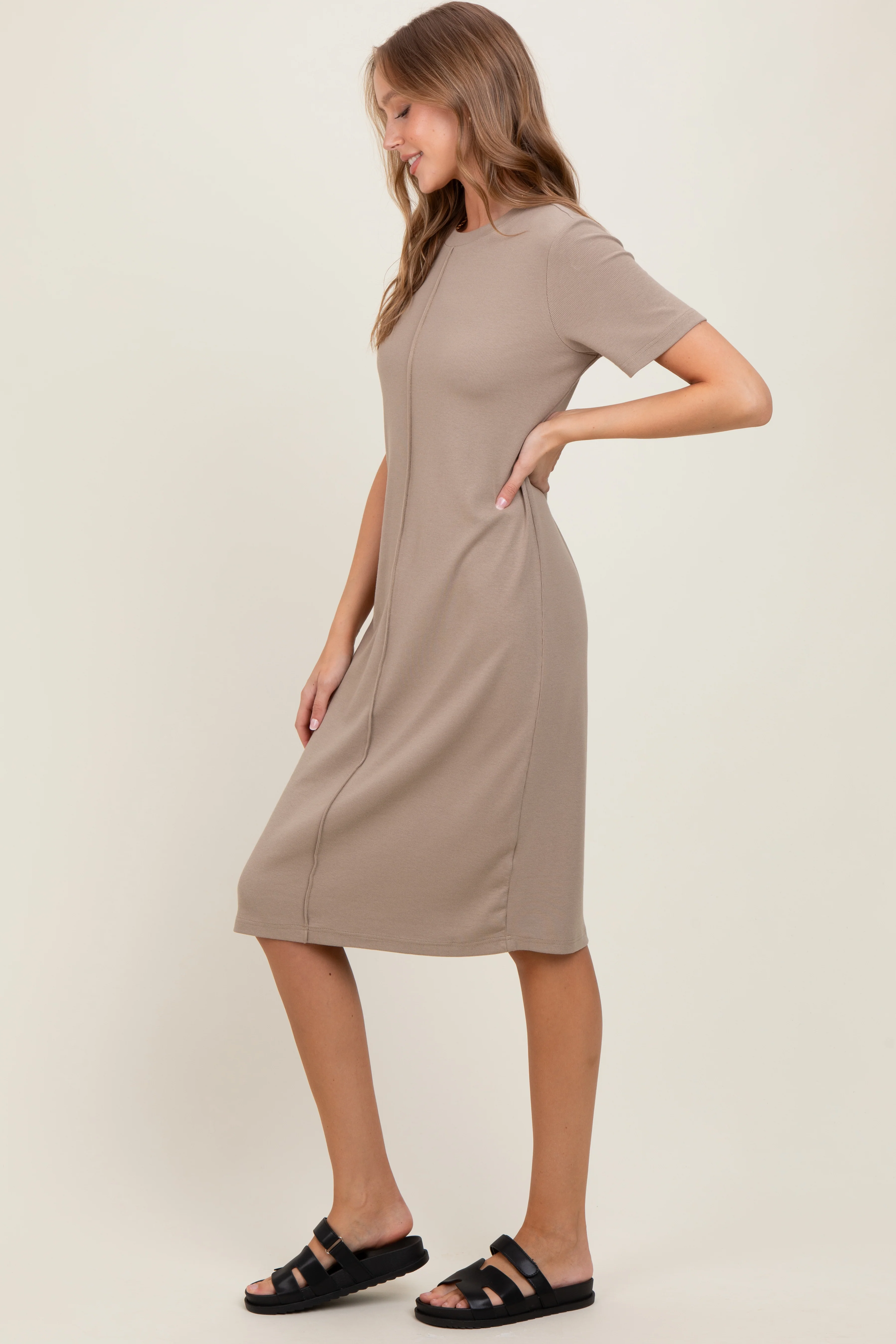 Taupe Soft Knit Short Sleeve Dress - Image 3