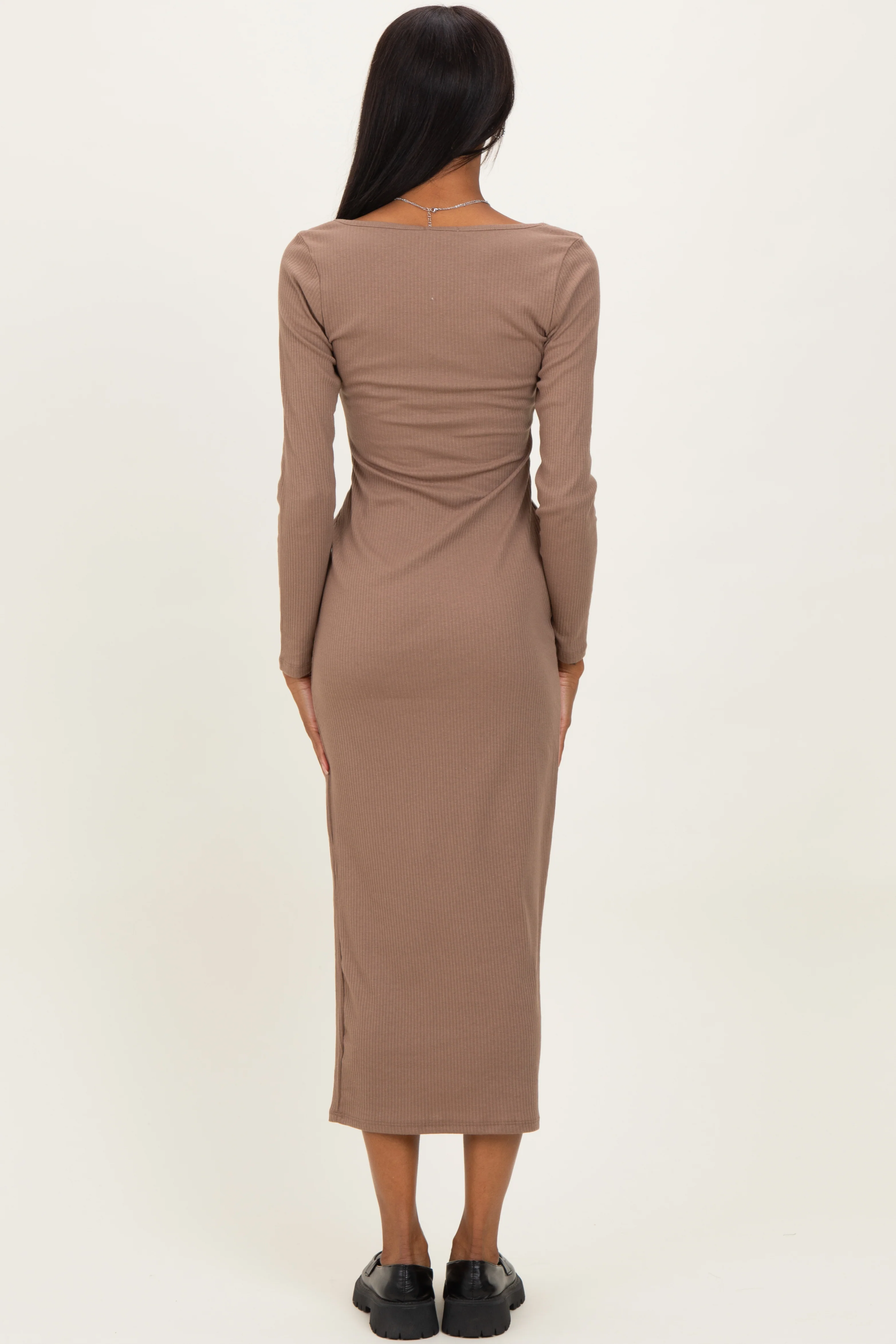 Taupe Square Neck Rib Long Sleeve Maxi Dress - Image 3