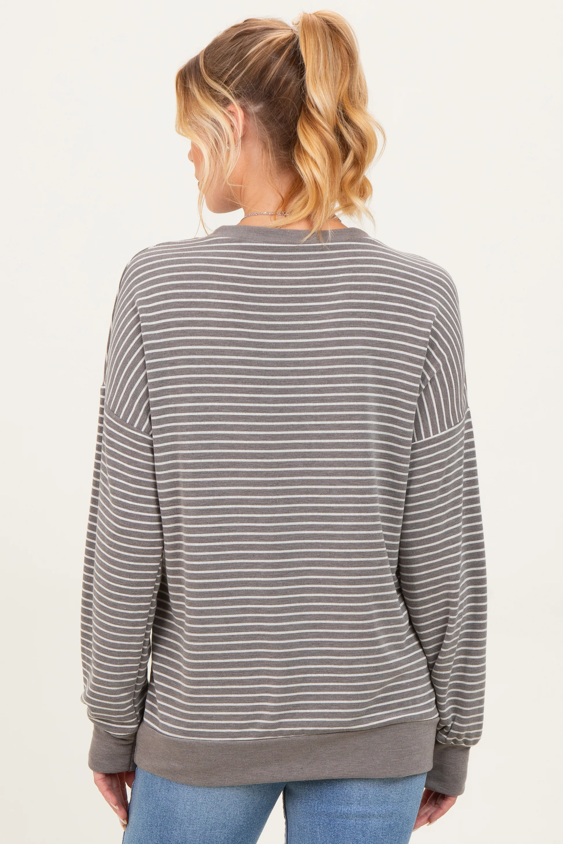 Taupe Striped Crew Neck Pullover Maternity Top - Image 3