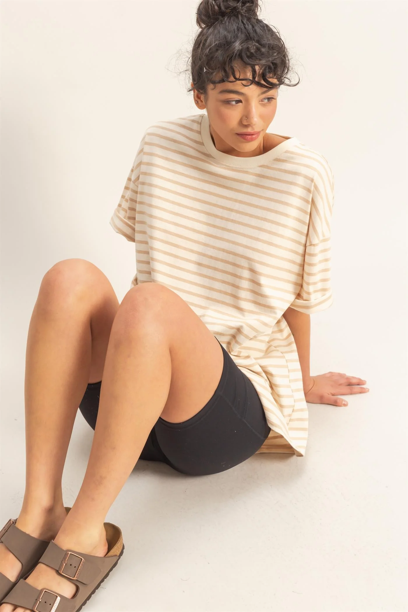 Taupe Striped Short Sleeve Crew Neck Oversized Cotton Top - Image 4