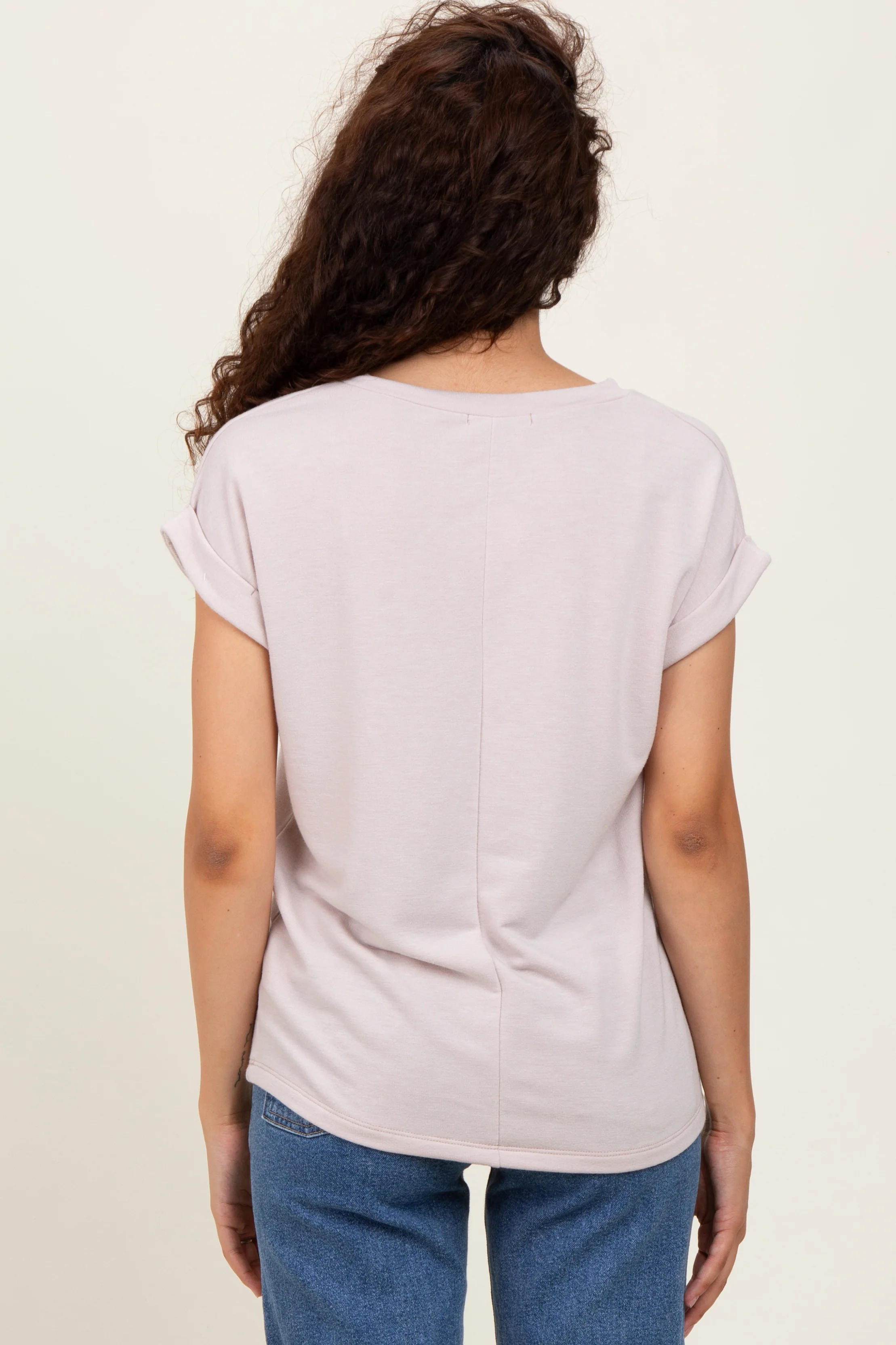 Taupe Terry V-Neck Short Sleeve Top - Image 3
