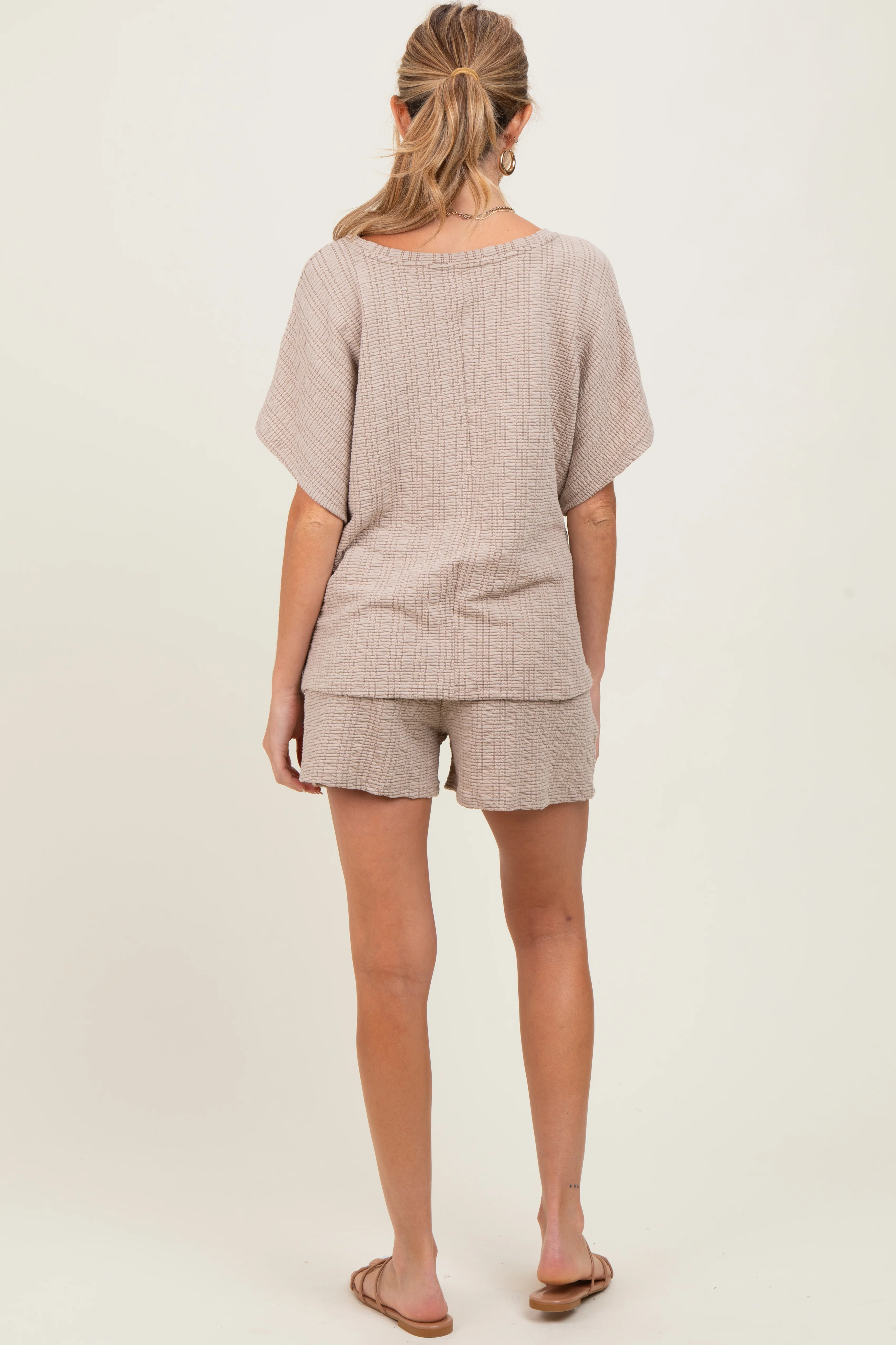 Taupe Textured Knit Dolman Sleeve Top Shorts Maternity Set - Image 4