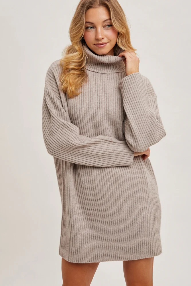 Taupe Turtleneck Chunky Knit Sweater Dress - Image 3