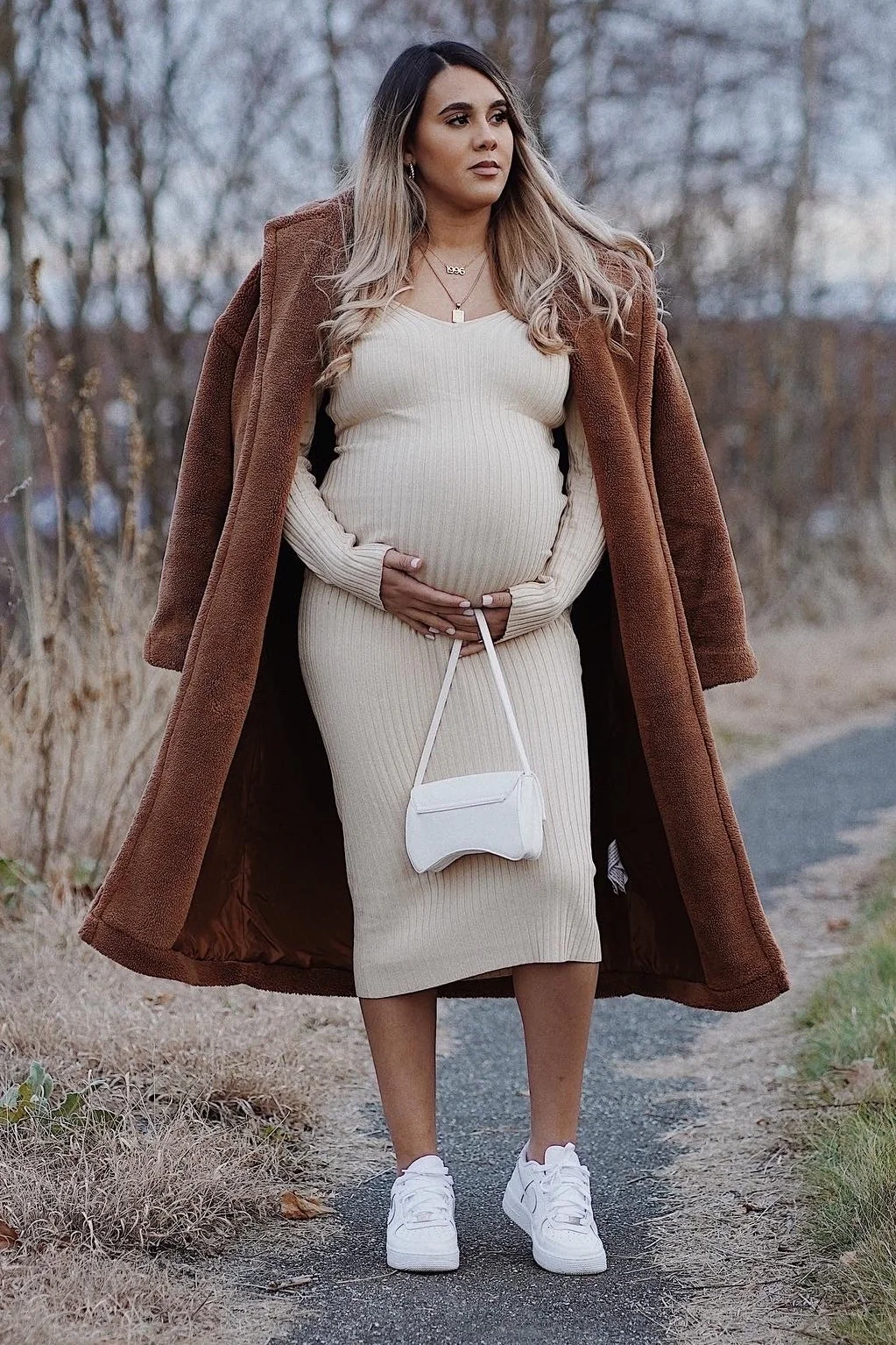 Taupe V-Neck Long Sleeve Fitted Maternity Maxi Dress - Image 12