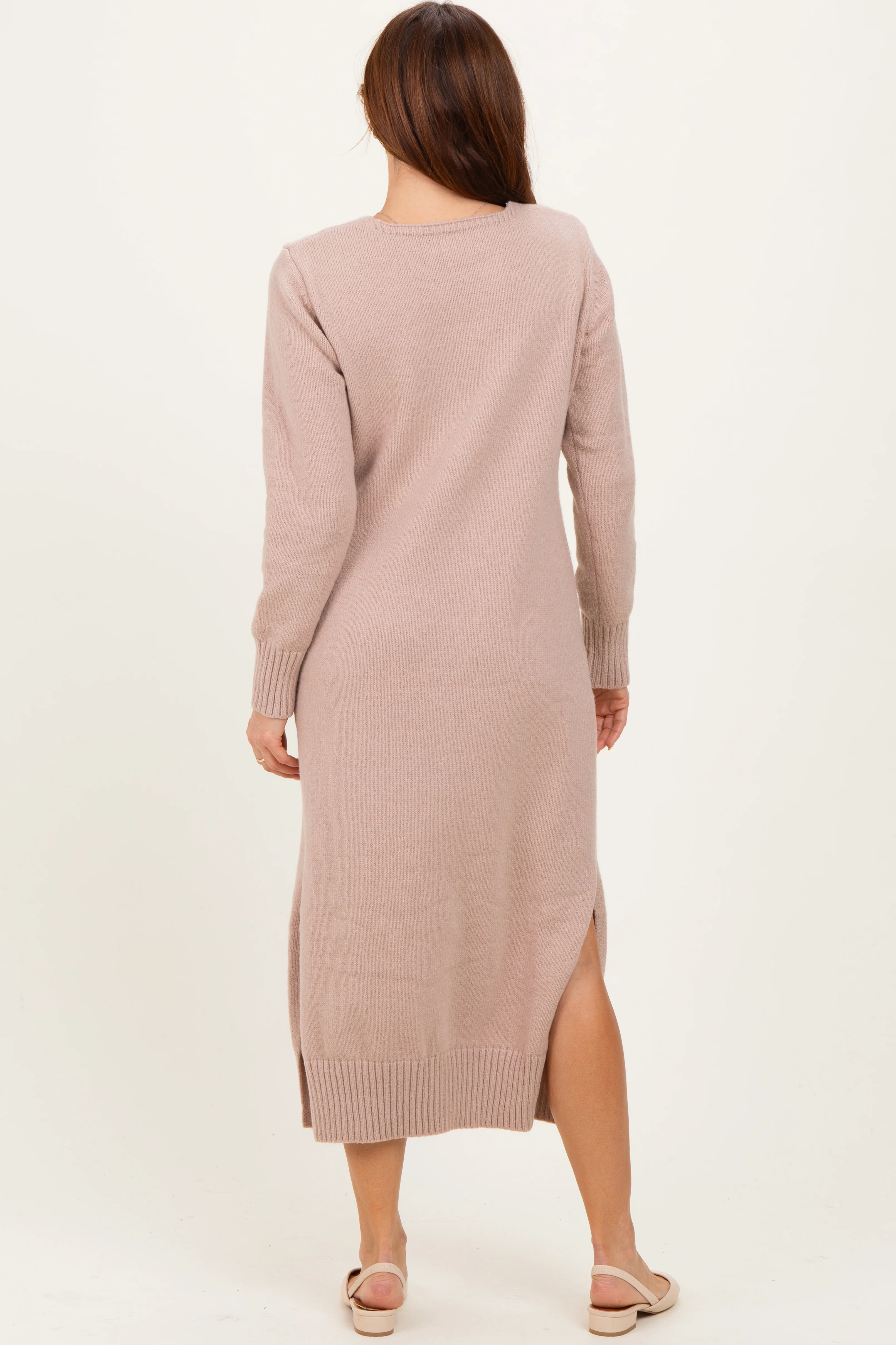 Taupe V-Neck Relaxed Fit Sweater Dress - Image 3