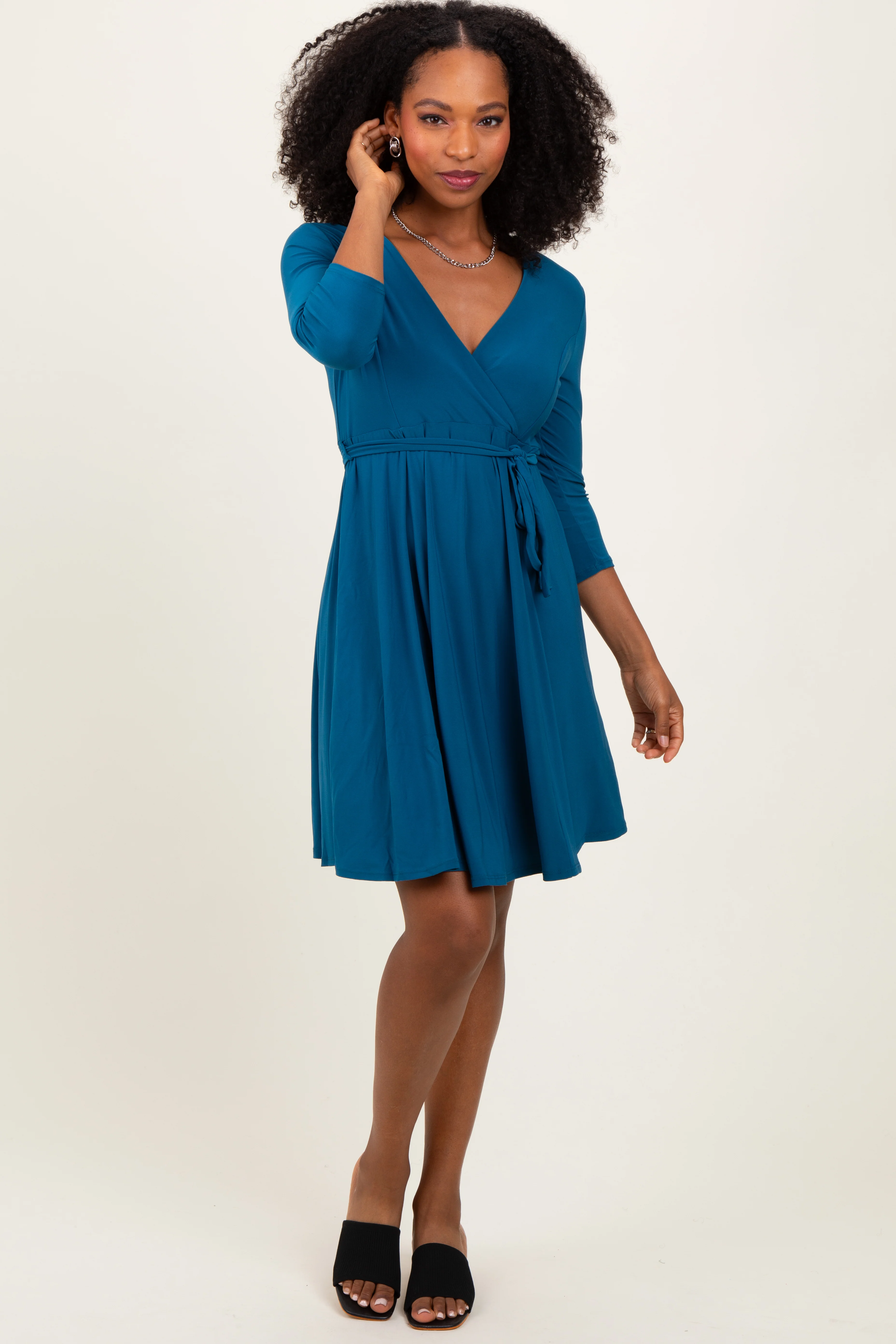 Teal 3/4 Sleeve Nursing Sash Tie Wrap Dress - Image 2