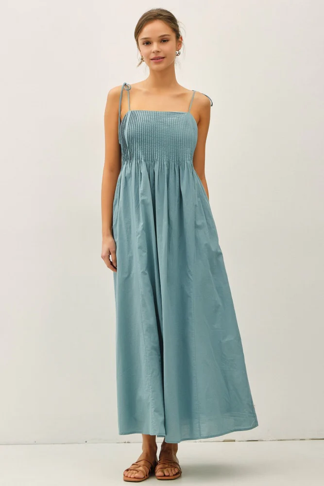 Teal Cotton Pintuck Tie Strap Maternity Maxi Dress - Image 4