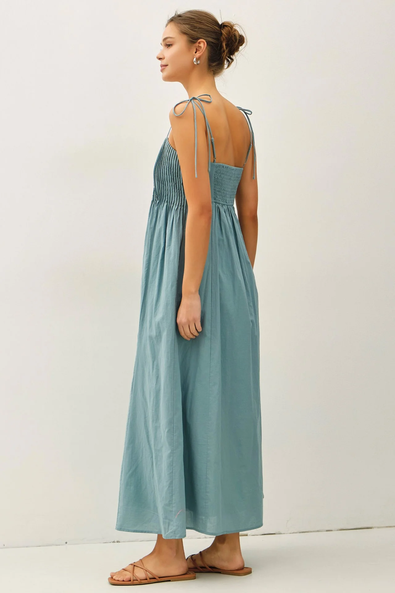 Teal Cotton Pintuck Tie Strap Maxi Dress - Image 2