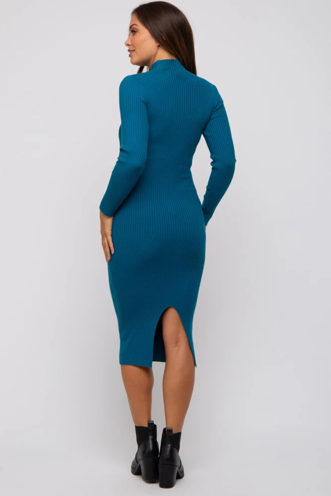 Teal Cutout Fitted Maternity Knit Dress - Image 3