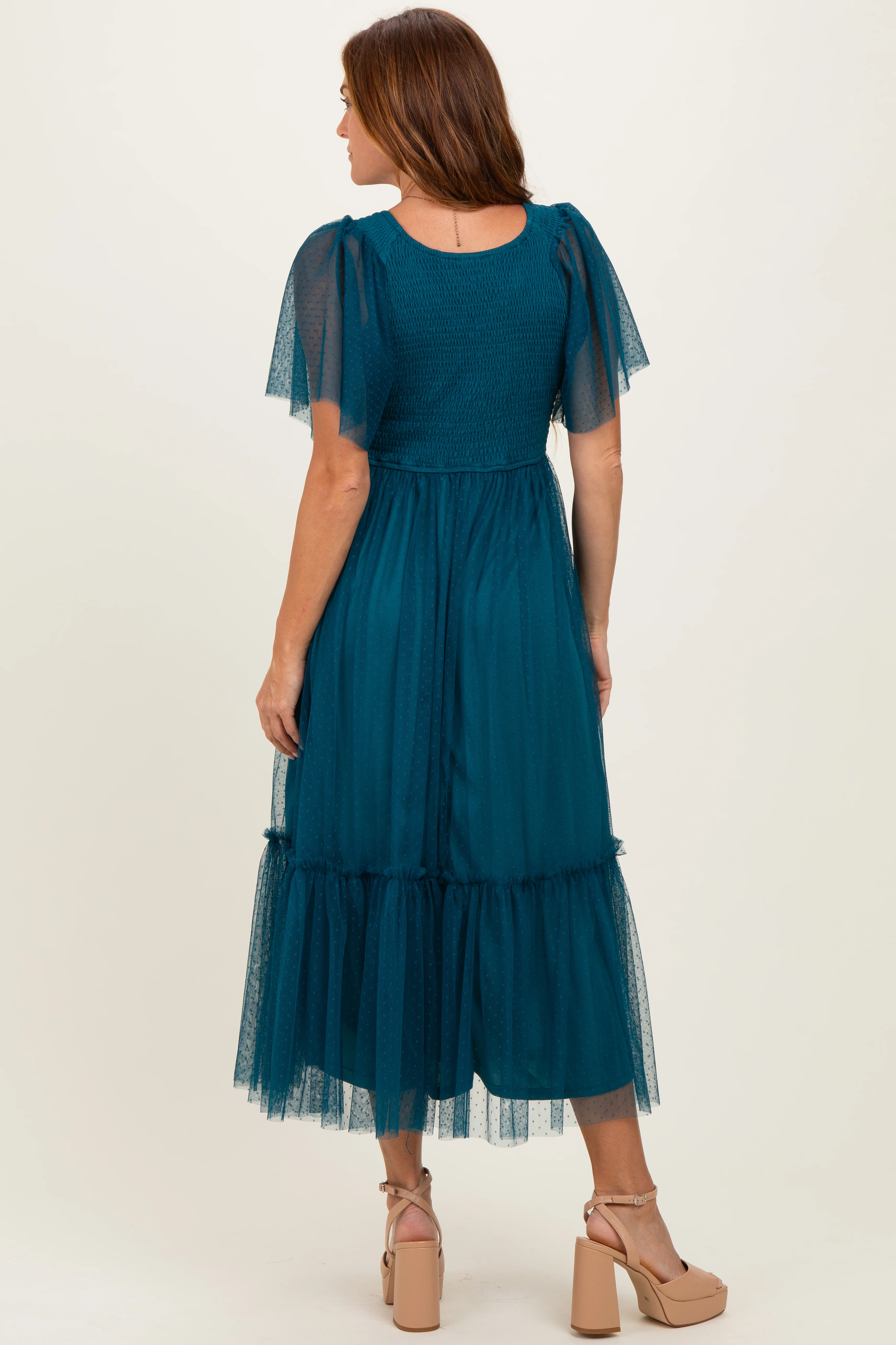 Teal Dotted Tulle Smocked Midi Dress - Image 3