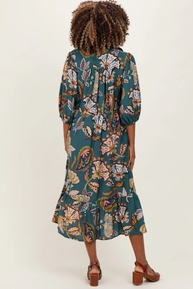 Teal Floral Collared 3/4 Sleeve Maternity Midi Dress - Image 3