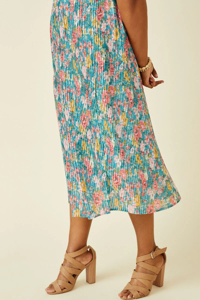 Teal Floral Pleated Plus Size Midi Dress - Image 4