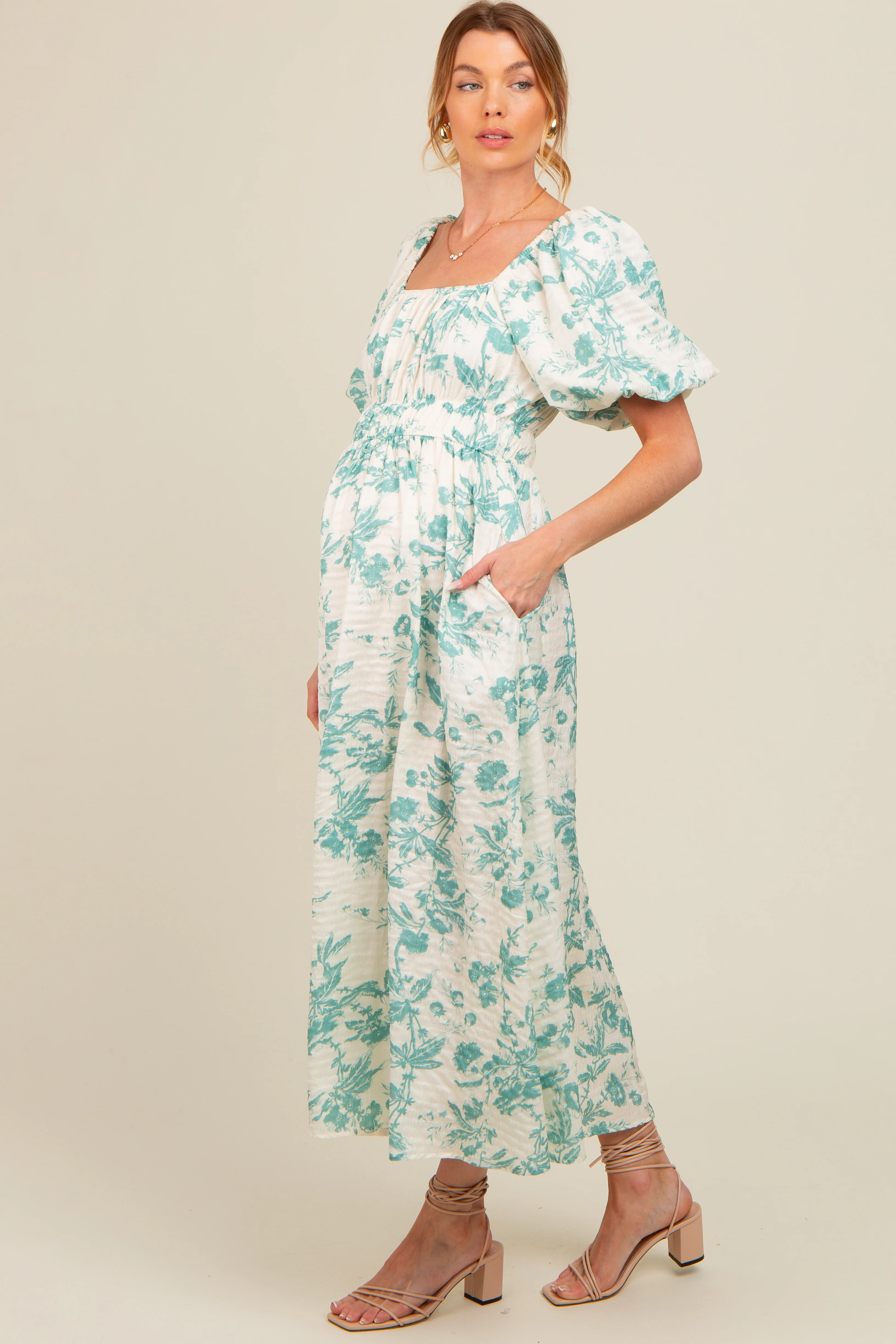 Teal Floral Puff Sleeve Maternity Midi Dress - Image 2