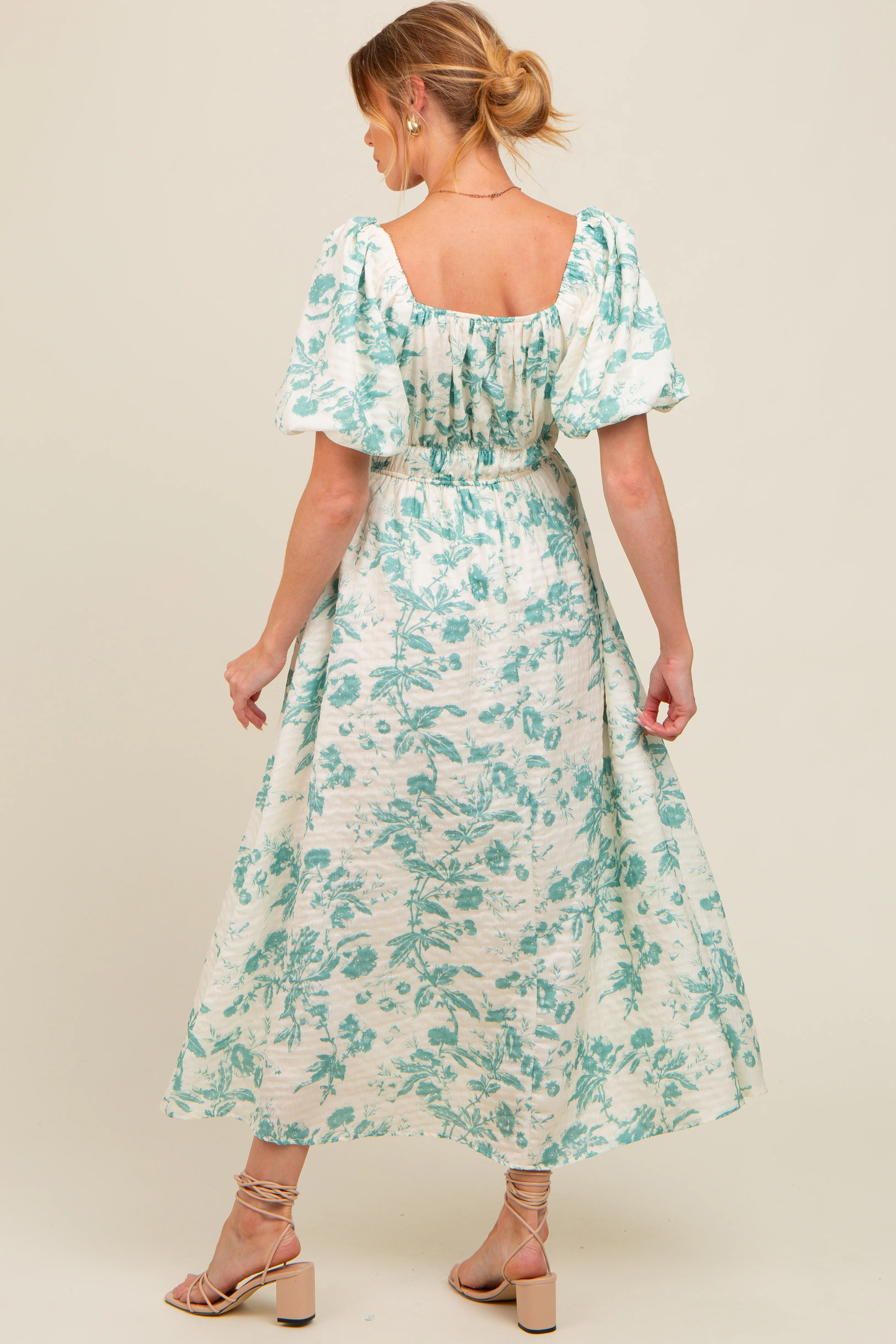 Teal Floral Puff Sleeve Maternity Midi Dress - Image 3