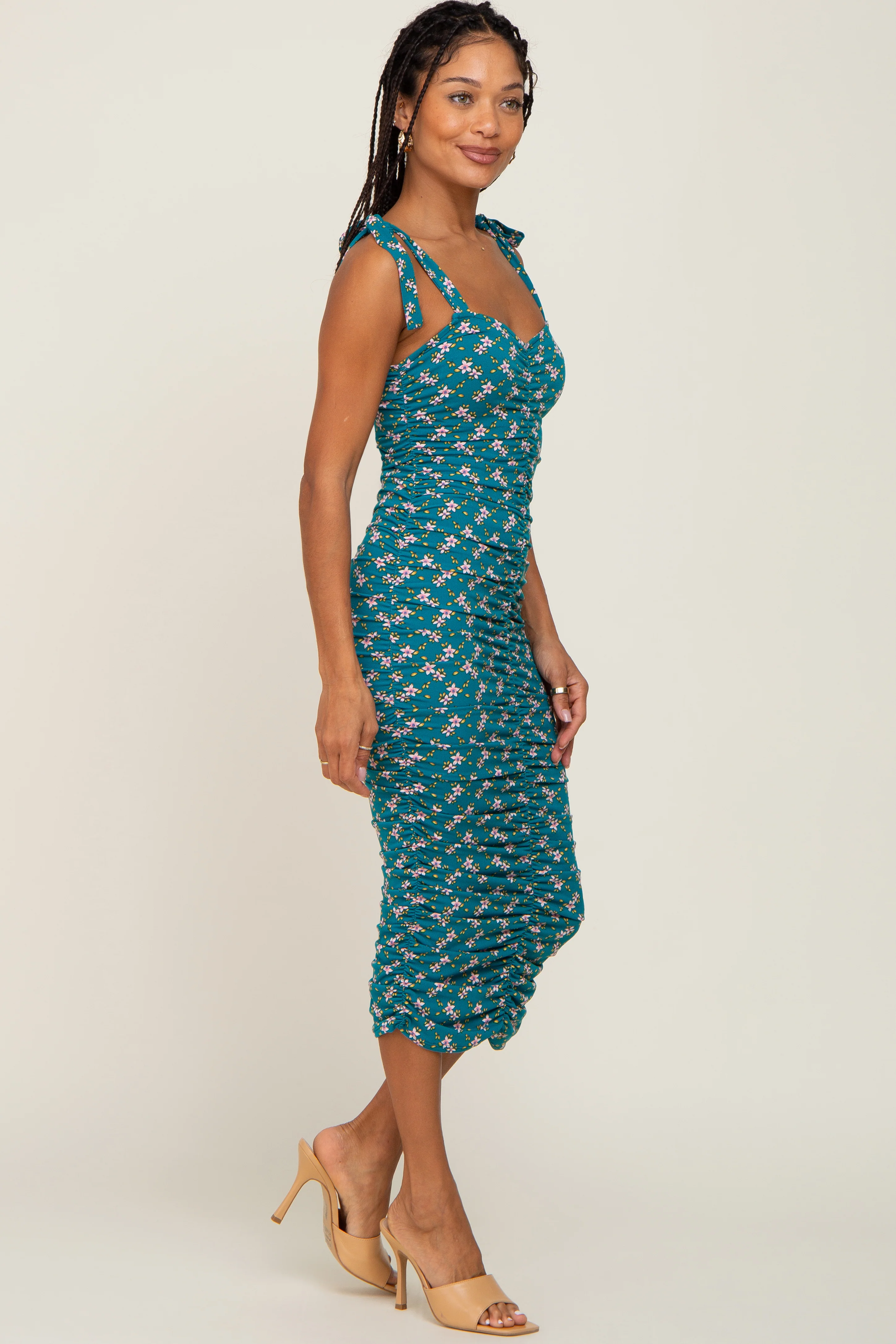 Teal Floral Ruched Shoulder Tie Dress - Image 2
