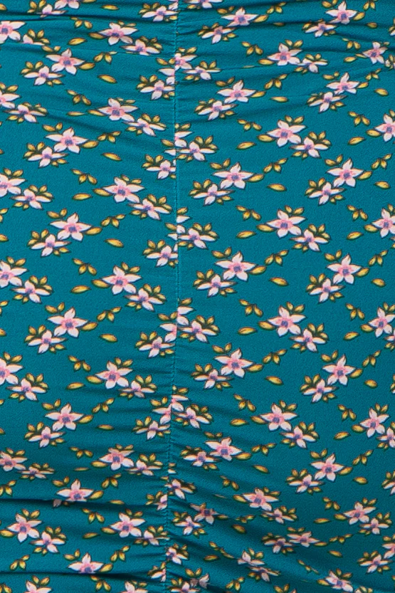 Teal Floral Ruched Shoulder Tie Maternity Dress - Image 4