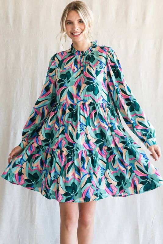Teal Floral Ruffle Mock Neck Maternity Dress - Image 6