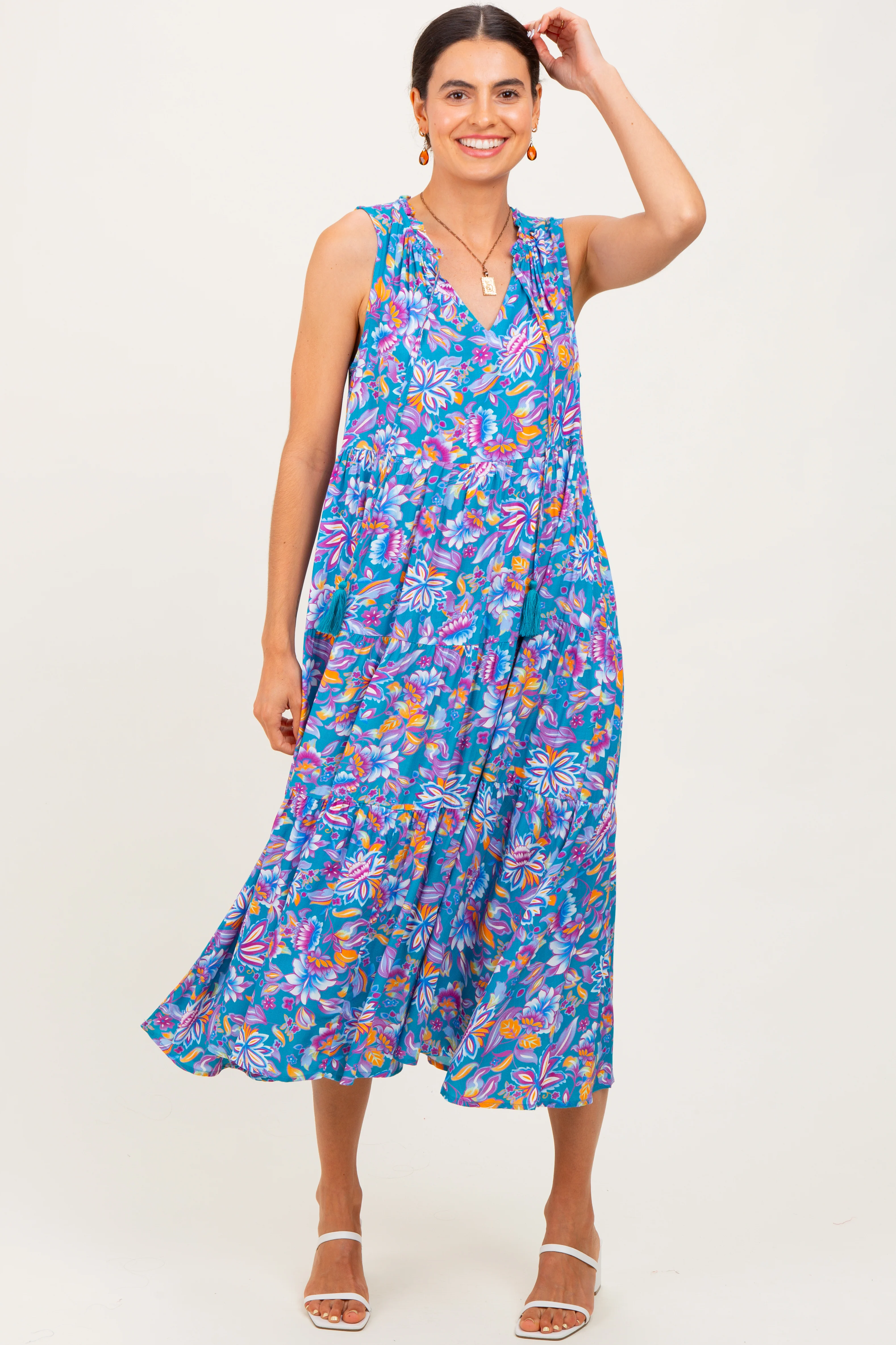 Teal Floral Ruffle Mock Neck Tiered Sleeveless Maternity Midi Dress - Image 5