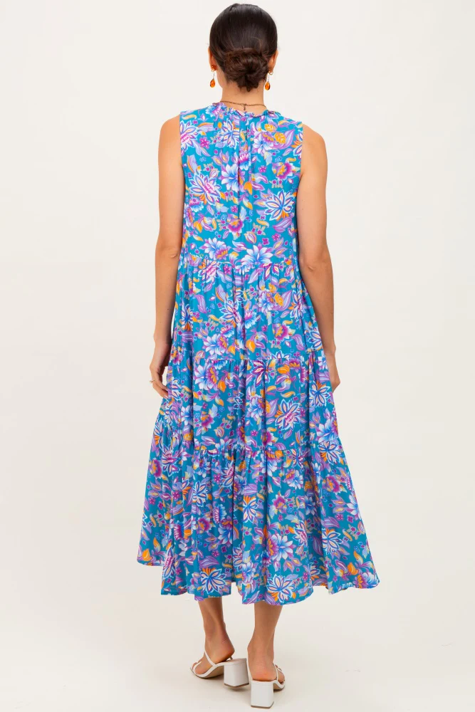 Teal Floral Ruffle Mock Neck Tiered Sleeveless Midi Dress - Image 4
