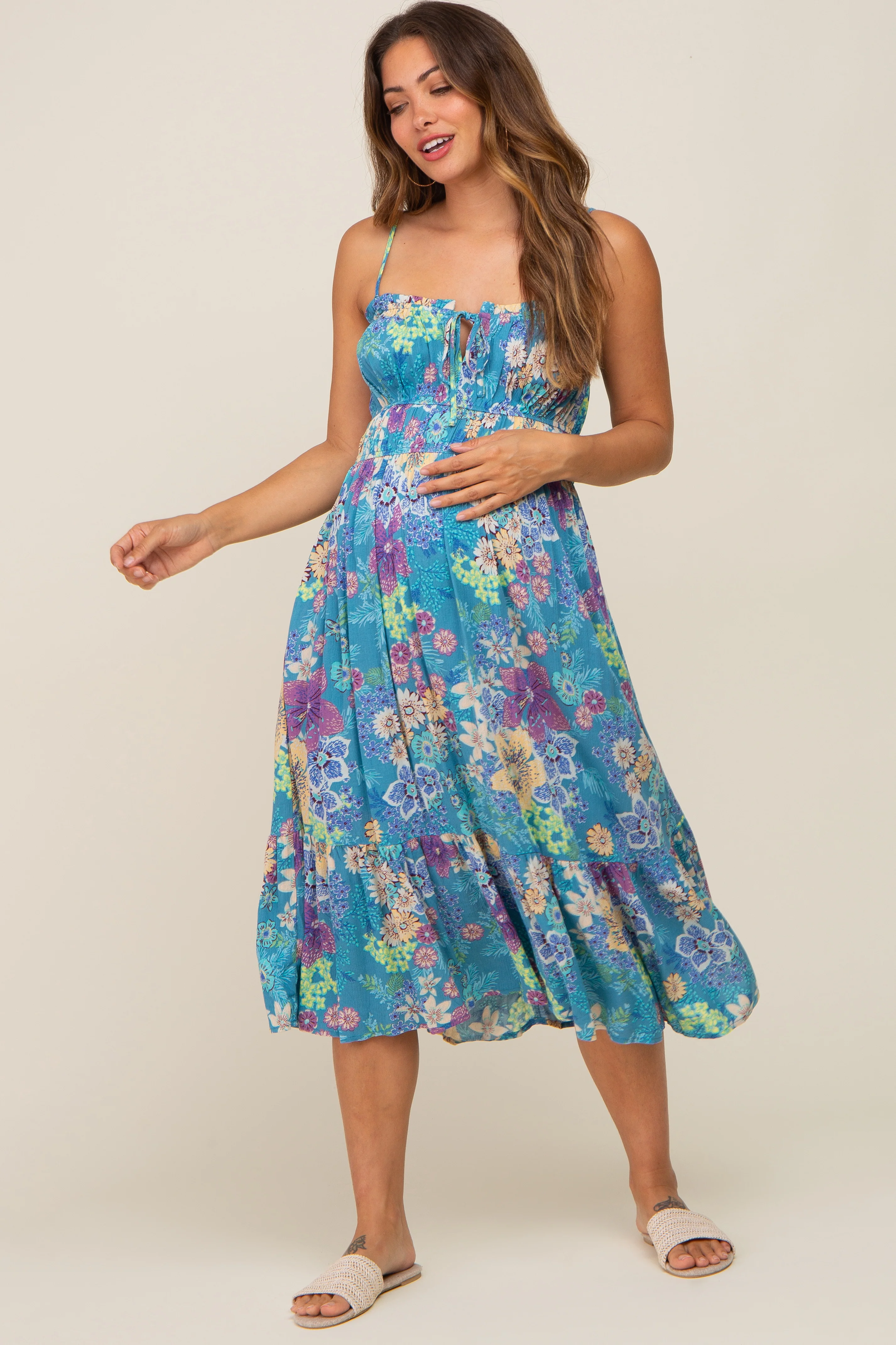 Teal Floral Shirred Maternity Midi Dress - Image 4