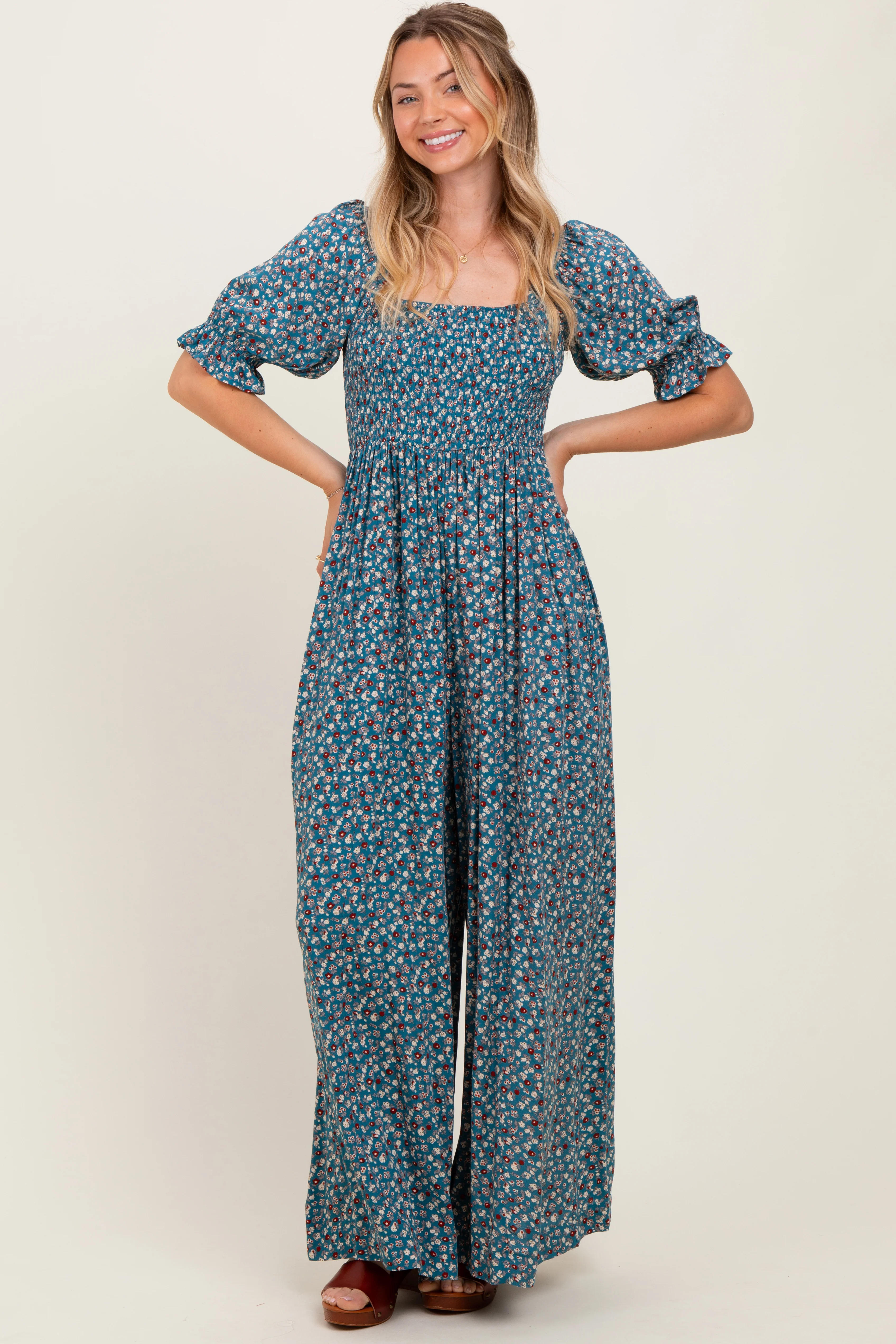 Teal Floral Smocked Puff Sleeve Maternity Jumpsuit - Image 5
