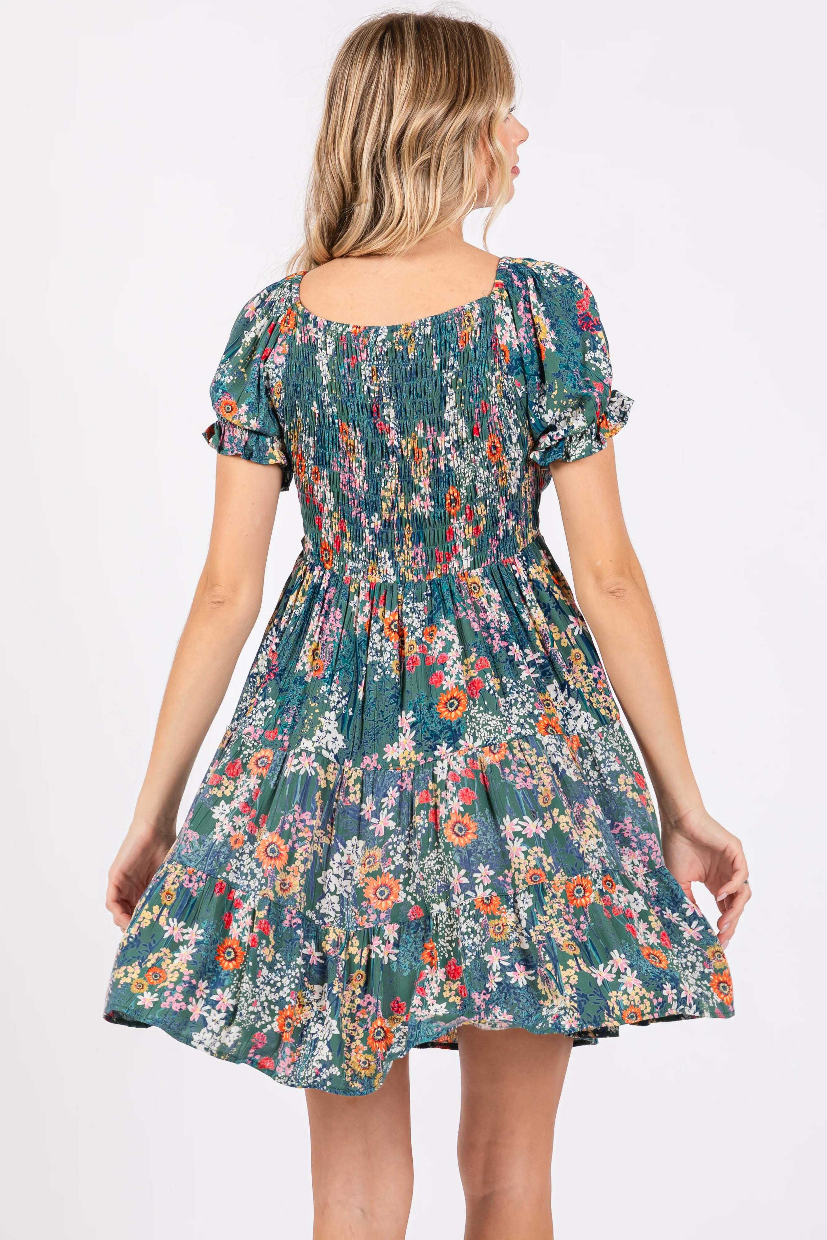 Teal Floral Smocked V-Neck Short Sleeve Dress - Image 3