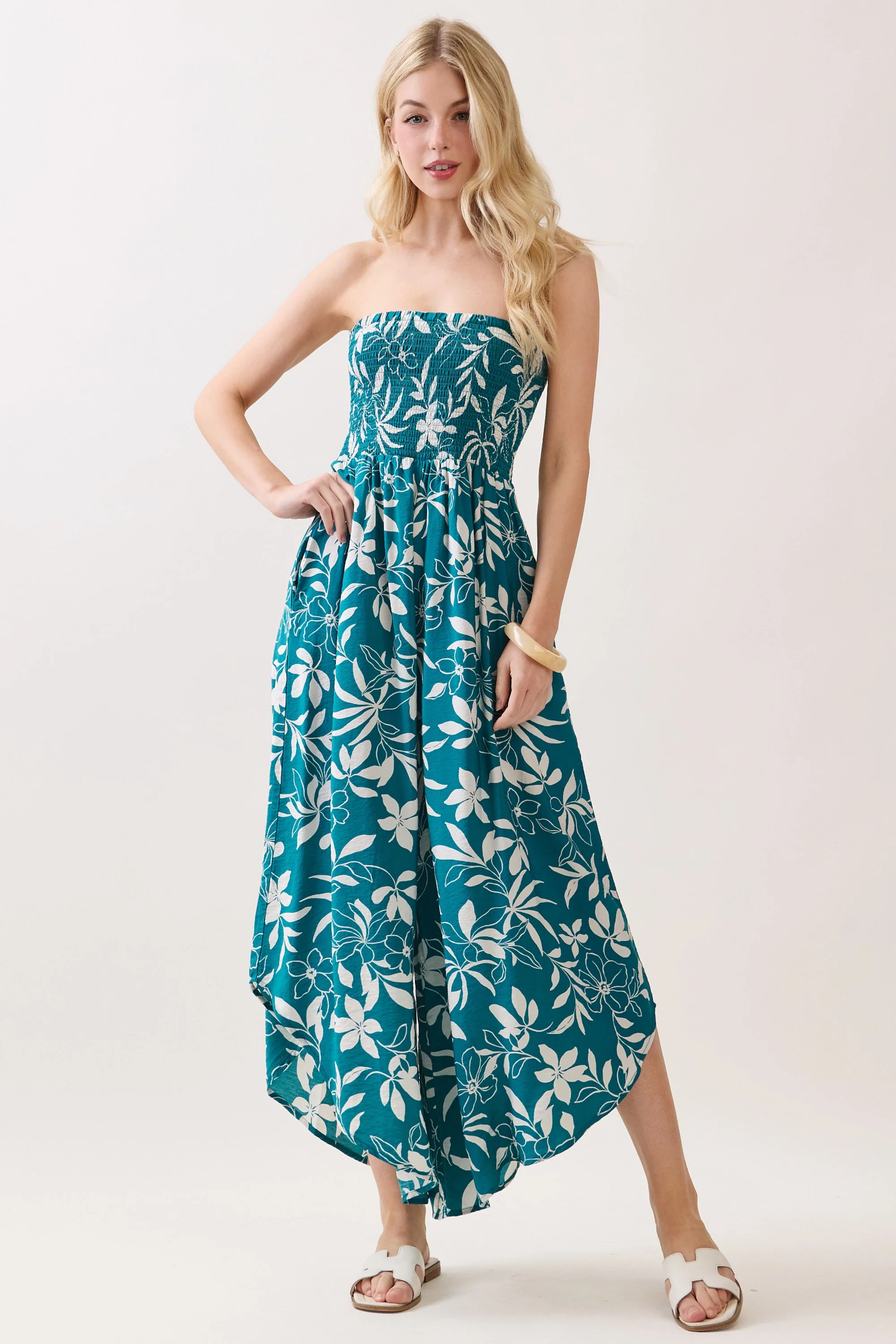 Teal Floral Strapless Smocked Tulip Leg Jumpsuit - Image 2