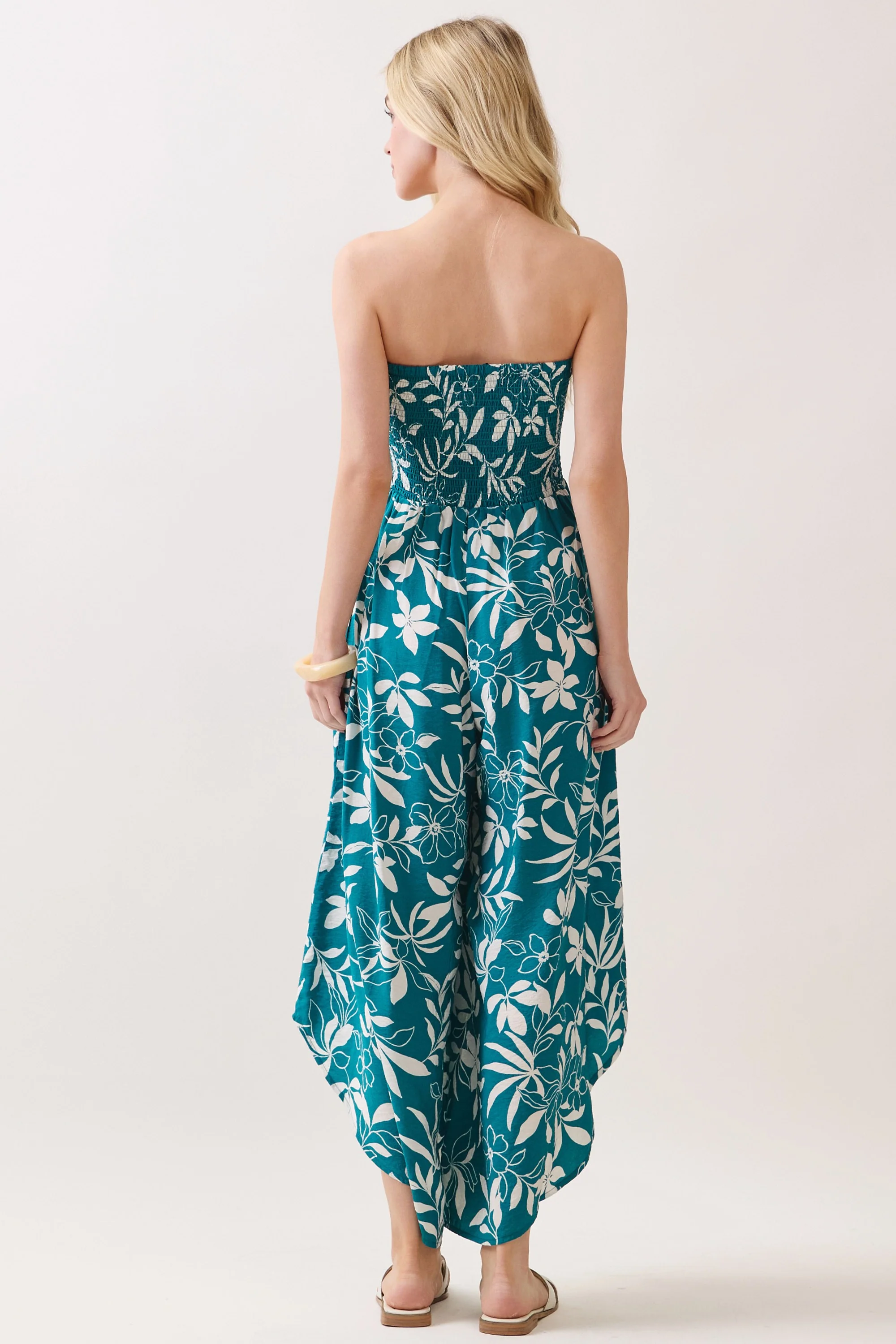 Teal Floral Strapless Smocked Tulip Leg Jumpsuit - Image 4