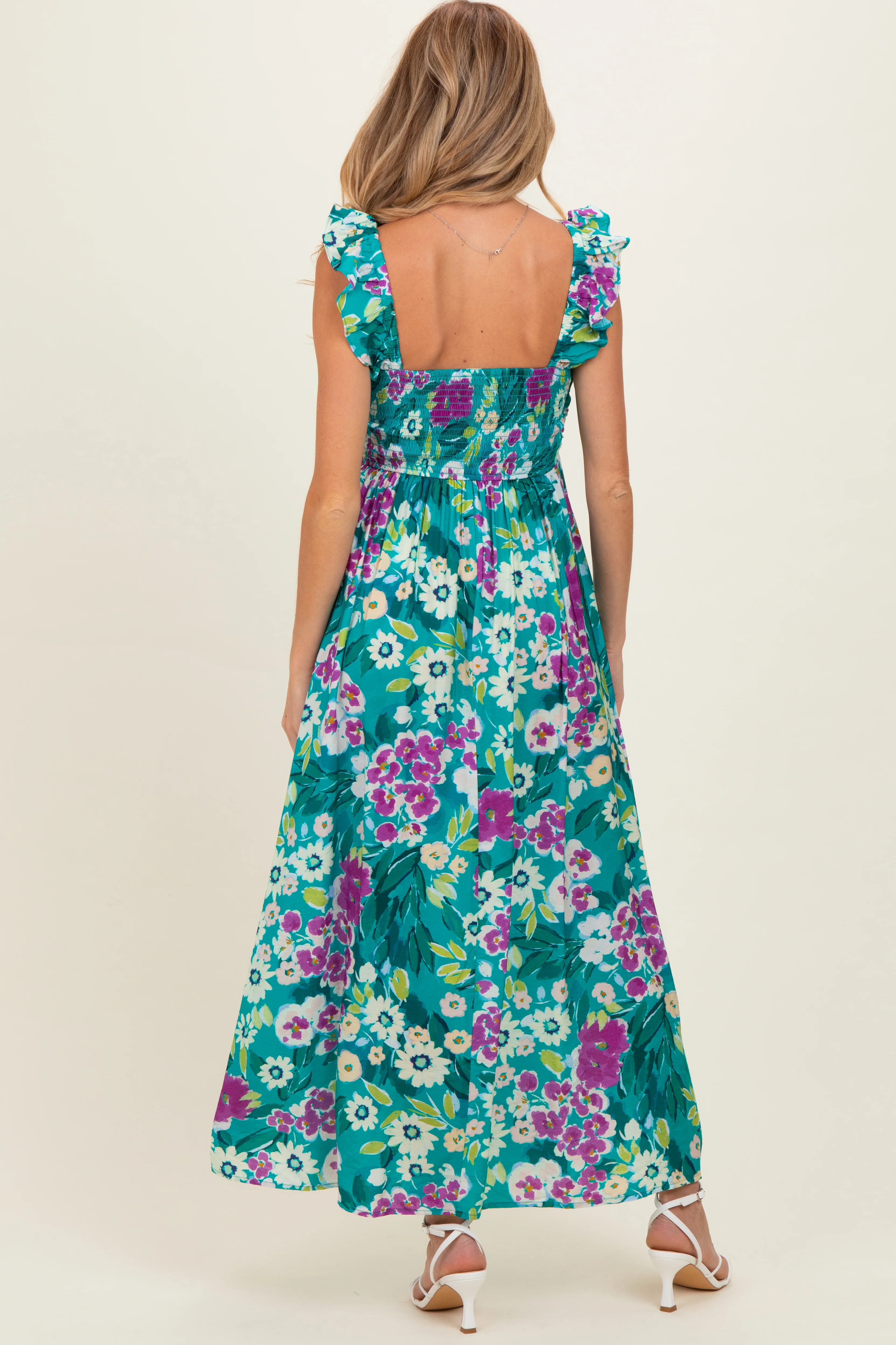 Teal Floral V-Neck Ruffle Strap Maternity Maxi Dress - Image 3