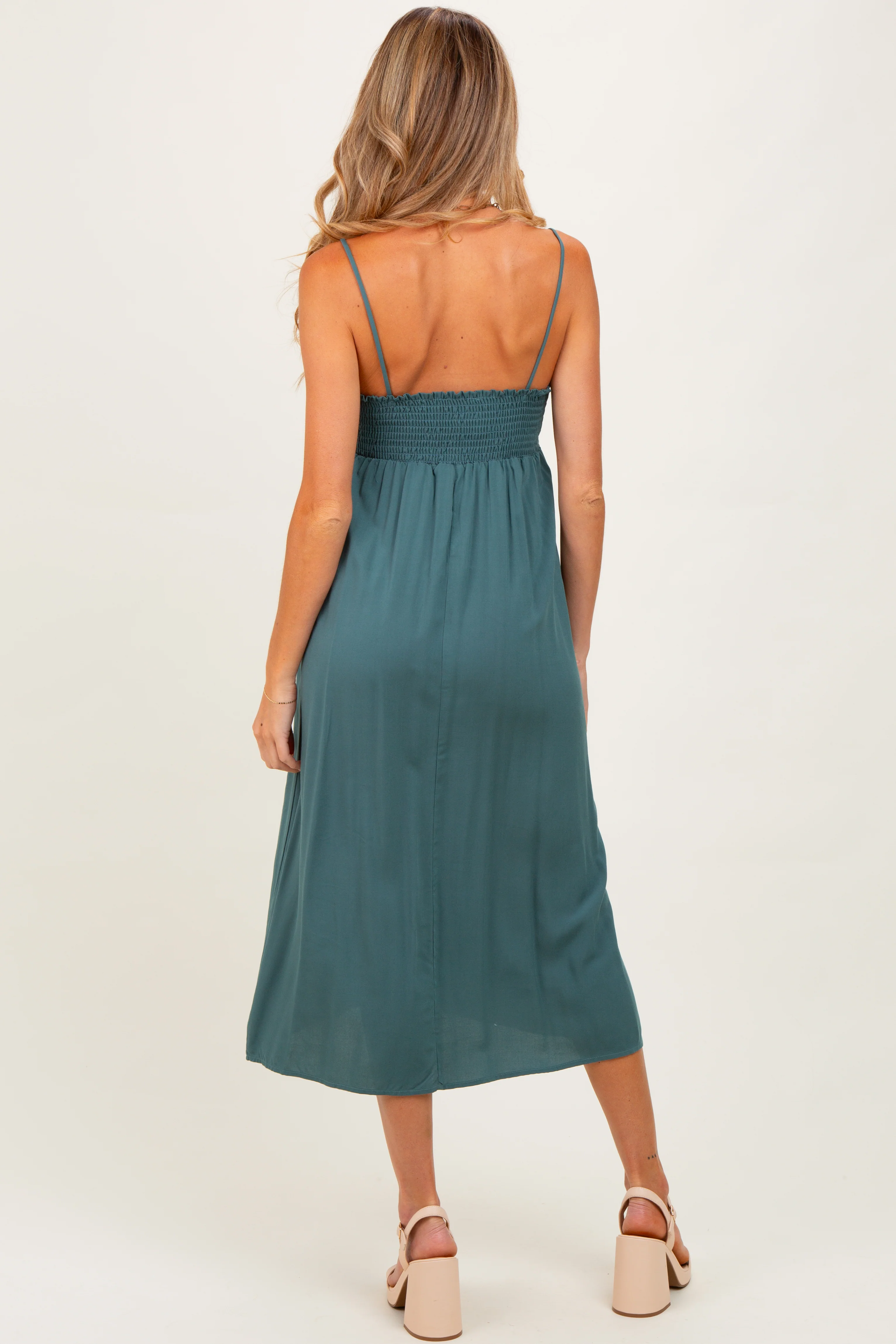 Teal Front Tie Sleeveless Maternity Midi Dress - Image 4