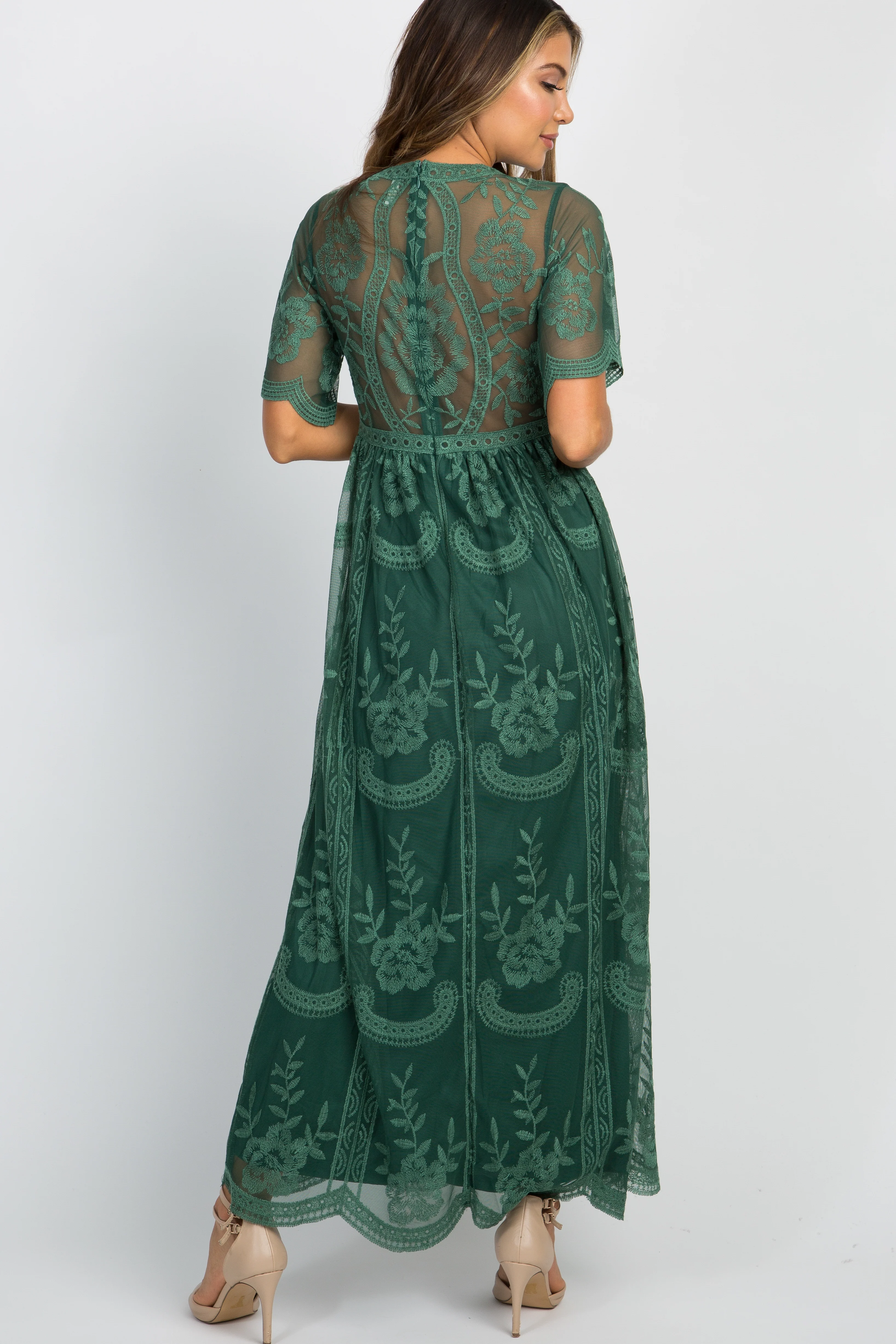 Teal Green Lace Mesh Overlay Maxi Dress - Image 3