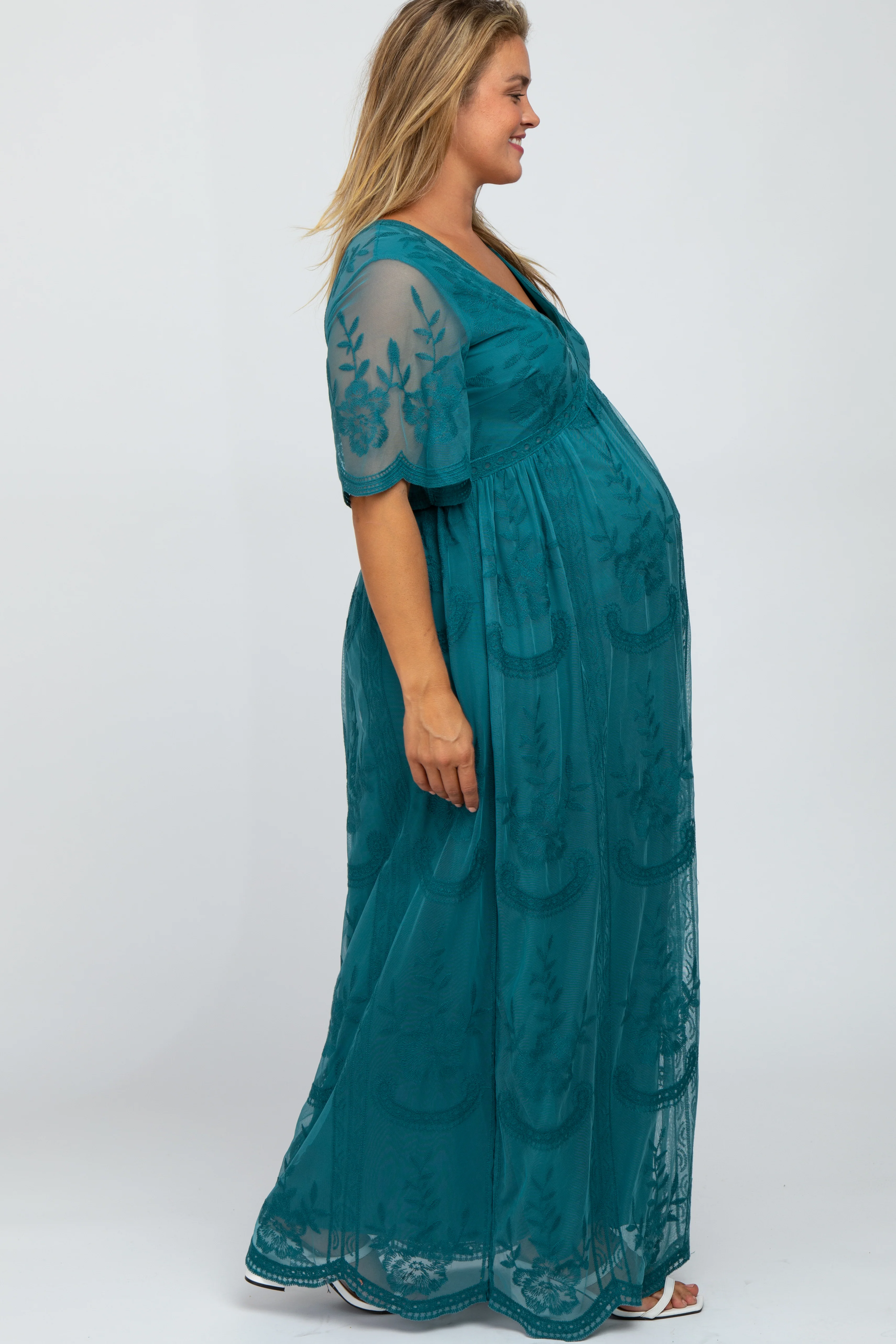 Teal Lace Mesh Overlay Maternity Plus Maxi Dress - Image 2