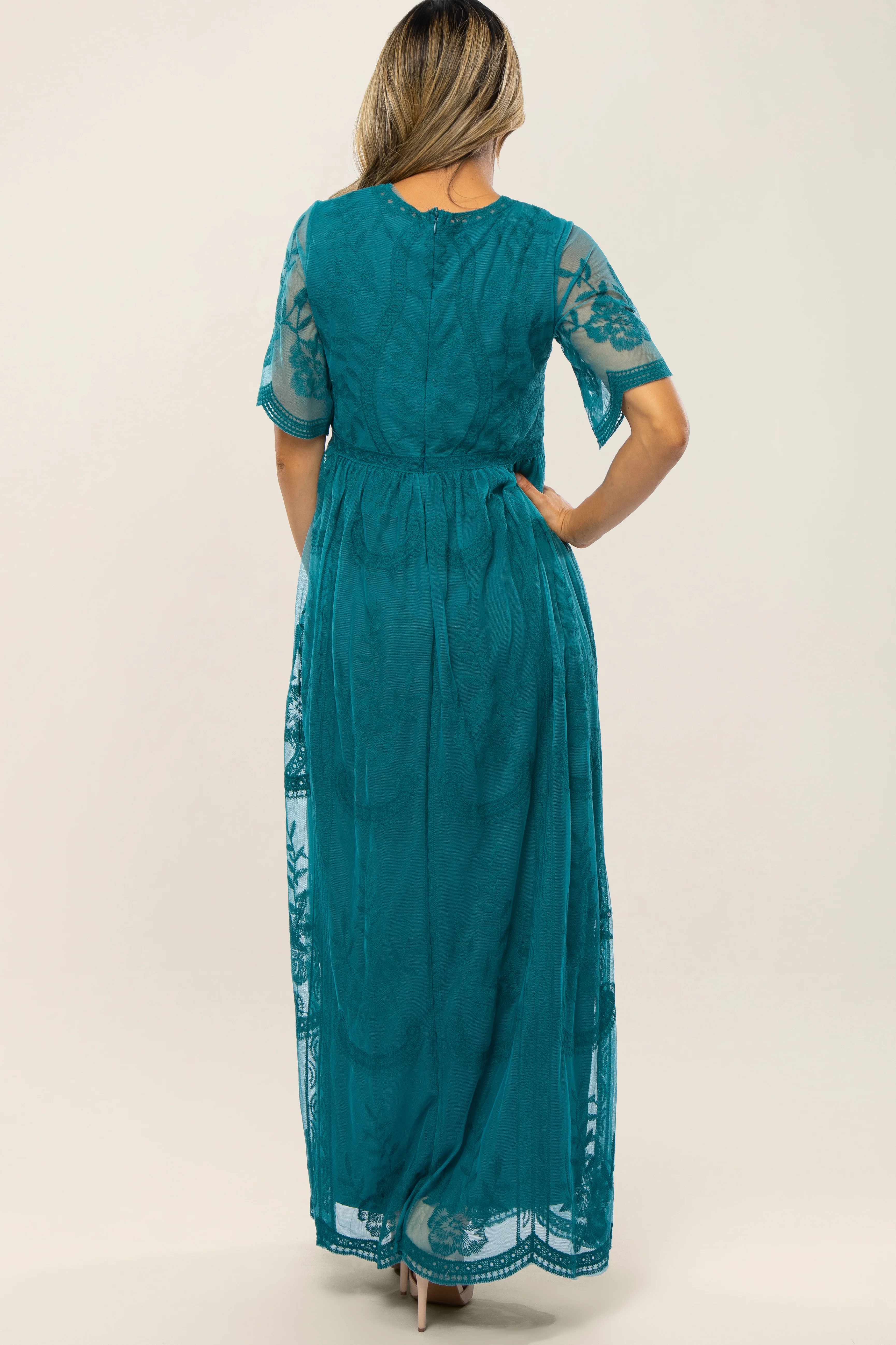 Teal Lace Mesh Overlay Maxi Dress - Image 3