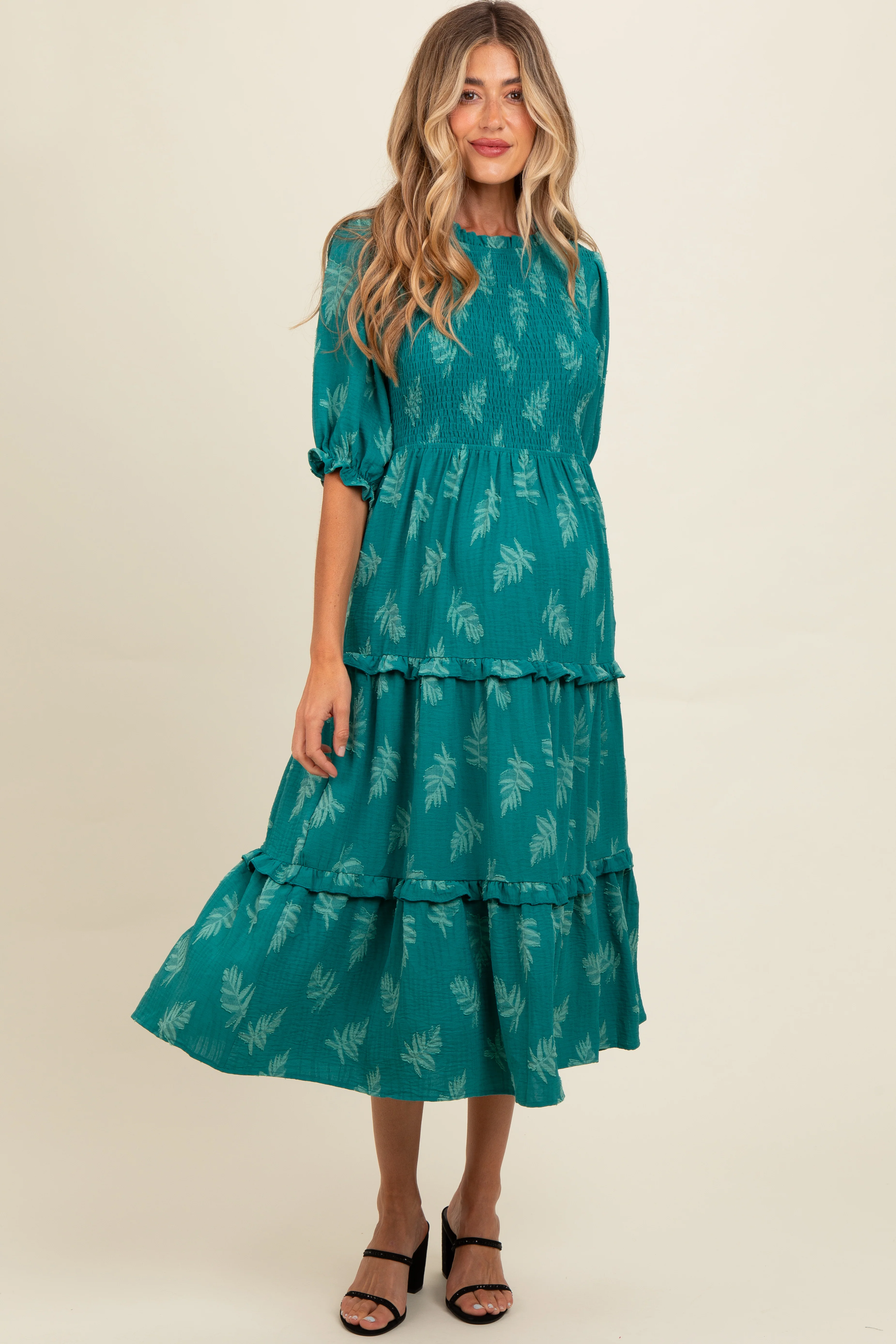Teal Leaf Print Smocked Maternity Midi Dress - Image 2