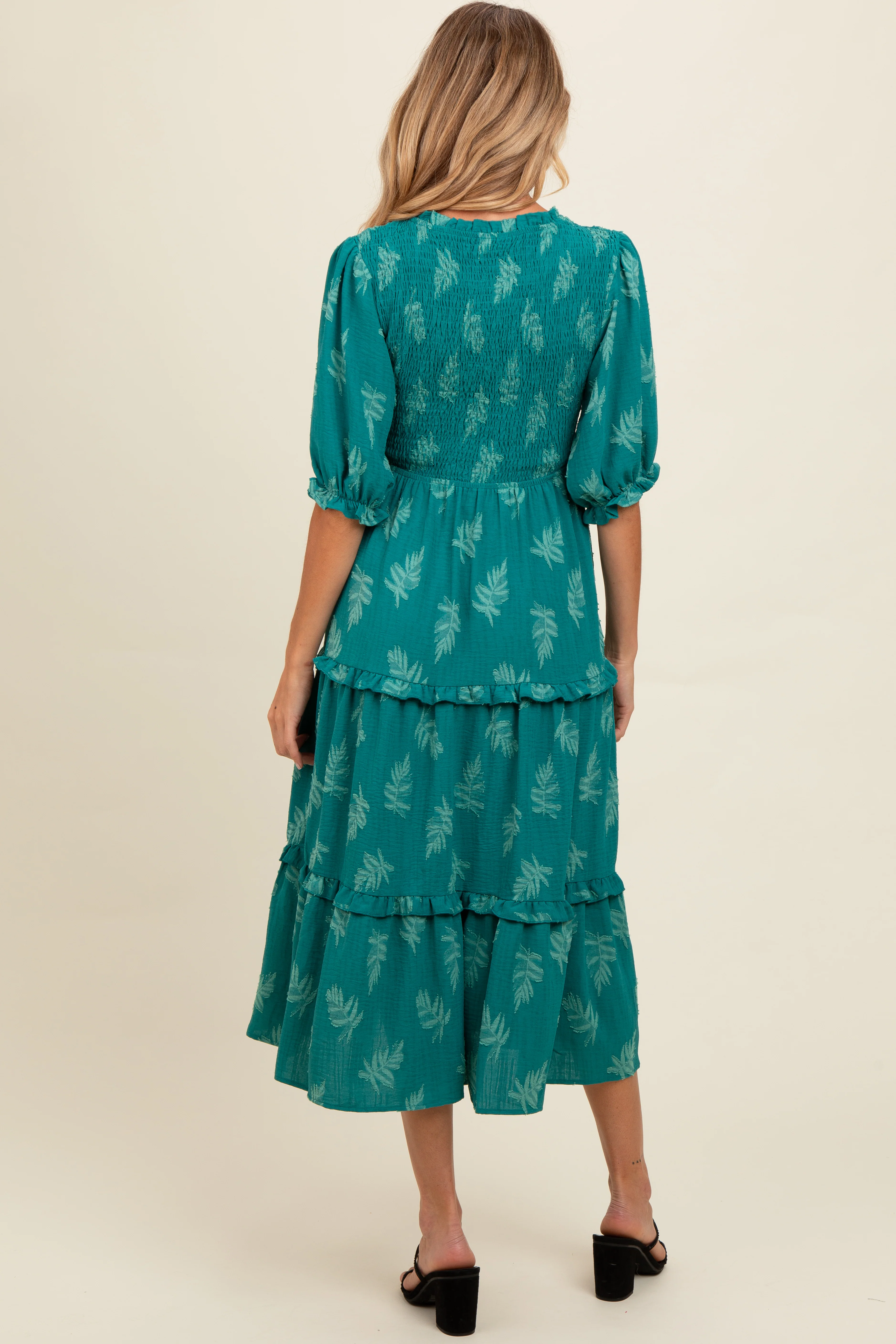 Teal Leaf Print Smocked Maternity Midi Dress - Image 3