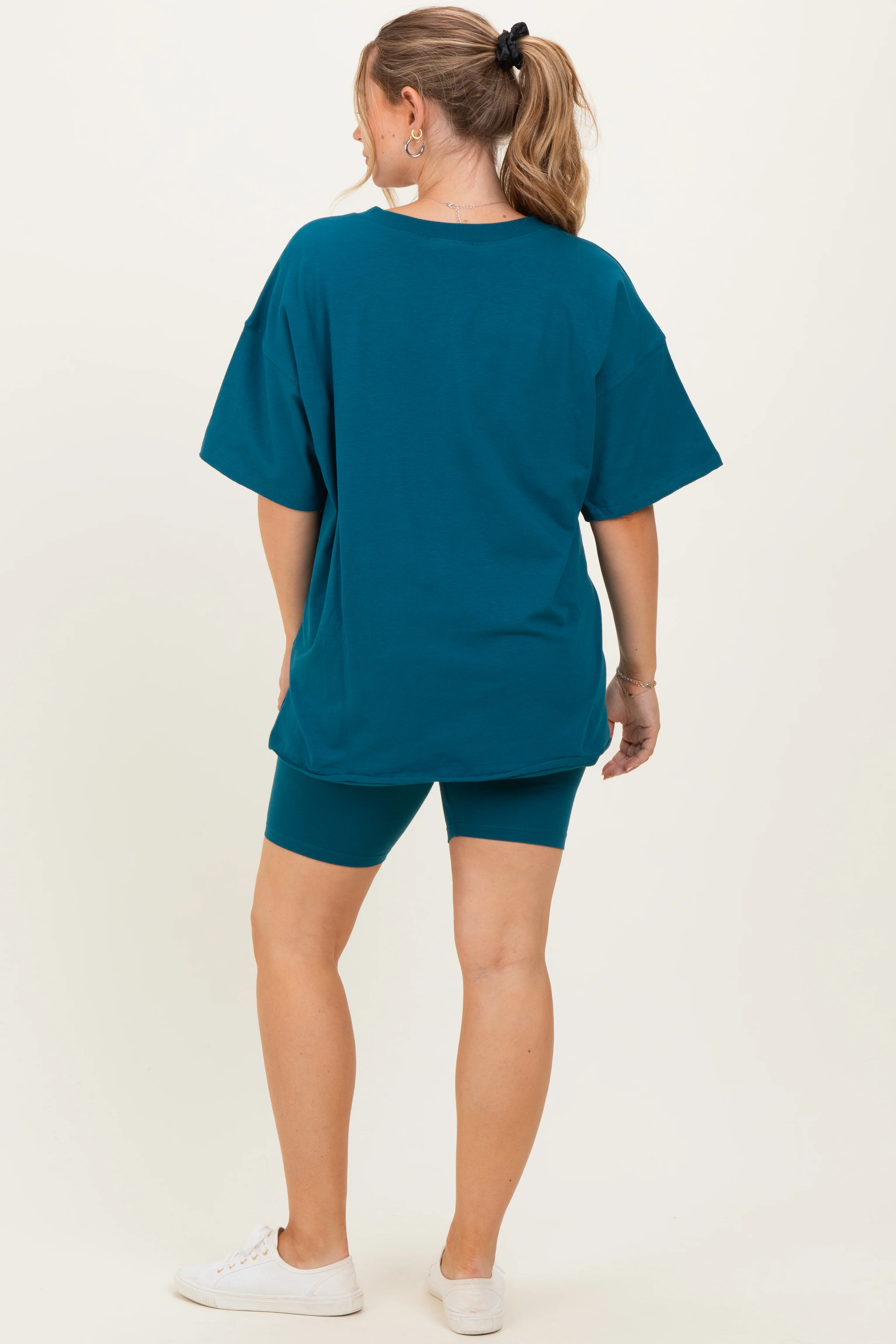 Teal Oversized V-Neck Biker Short Maternity Set - Image 3