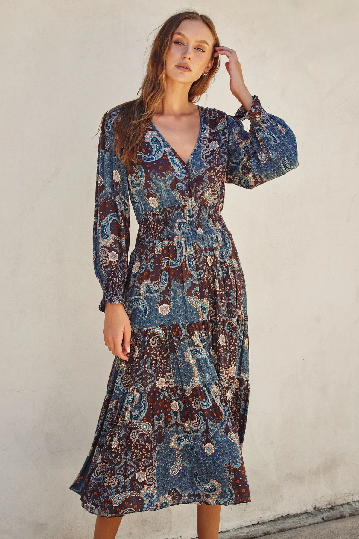 Teal Paisley Print Smocked Waist Tiered Midi Dress - Image 4