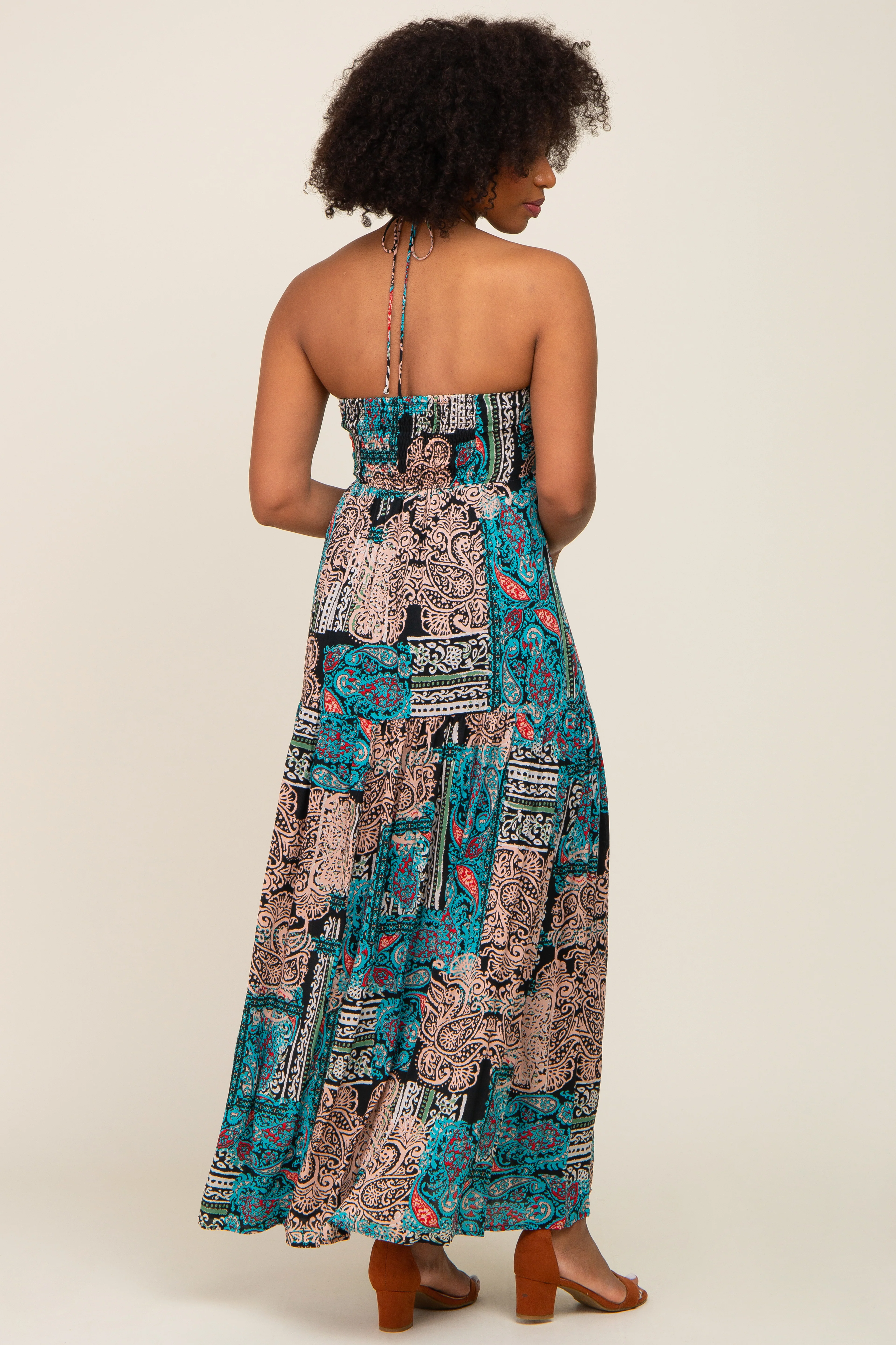 Teal Printed Halter Tassel Front Tie Maxi Dress - Image 3