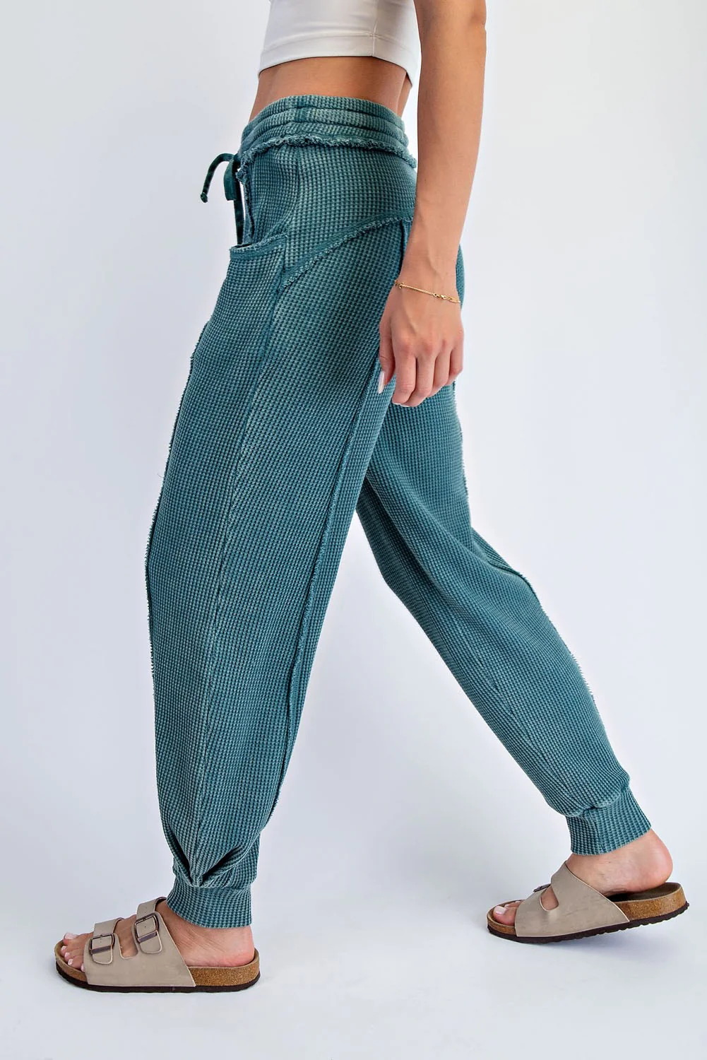 Teal Raw Seam Waffle Knit Joggers - Image 4