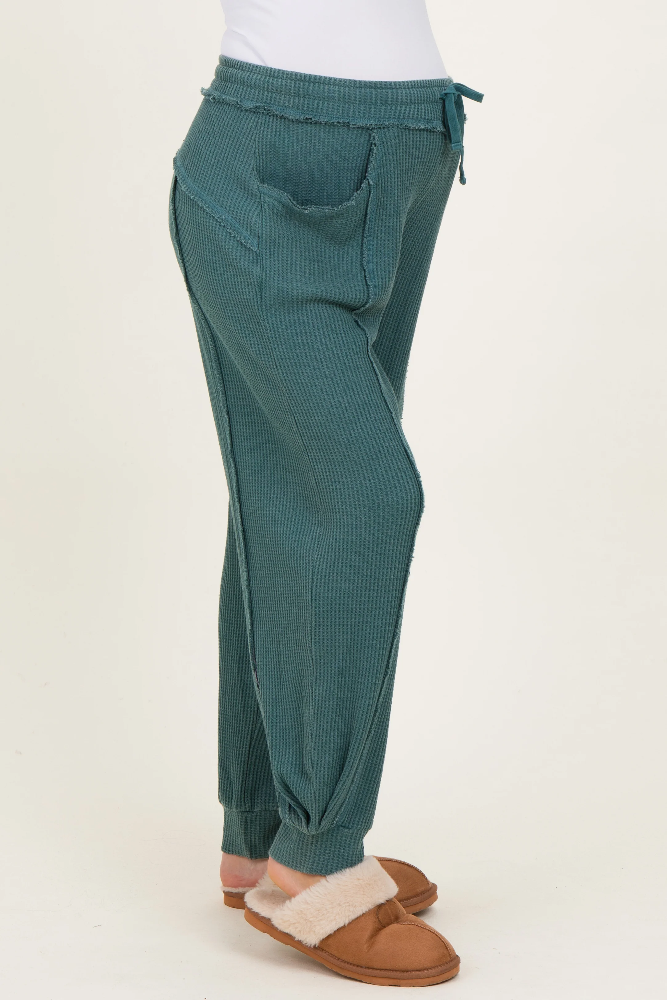 Teal Raw Seam Waffle Knit Maternity Joggers - Image 3