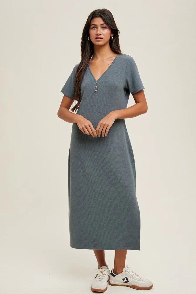 Teal Ribbed Button Detail Midi Dress - Image 2