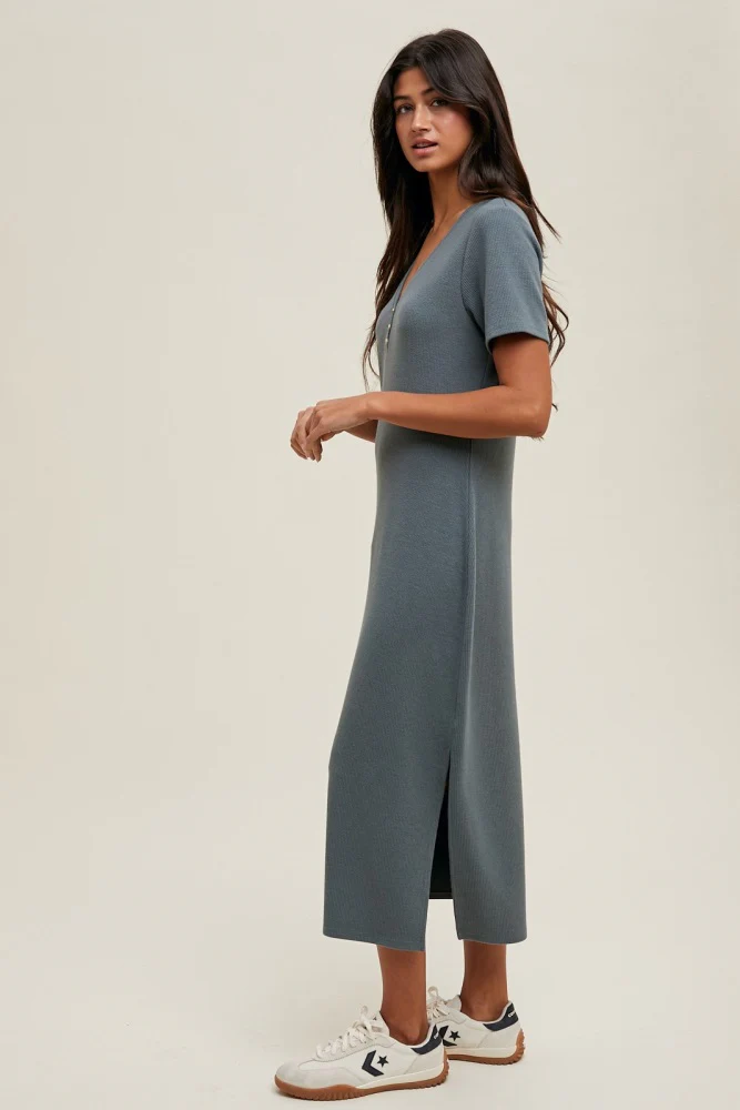 Teal Ribbed Button Detail Midi Dress - Image 3