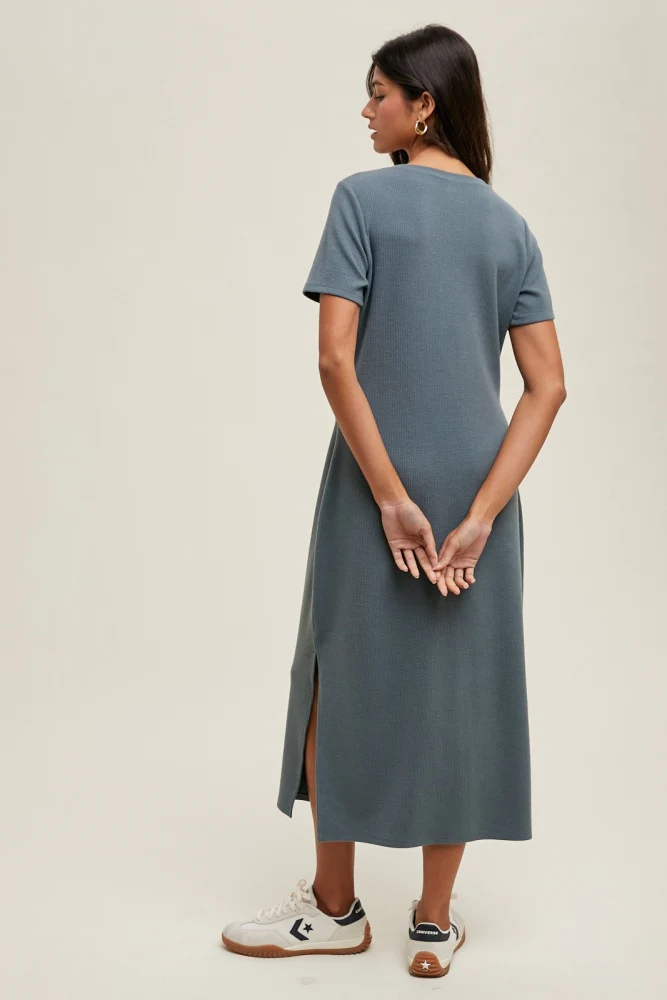 Teal Ribbed Button Detail Midi Dress - Image 4