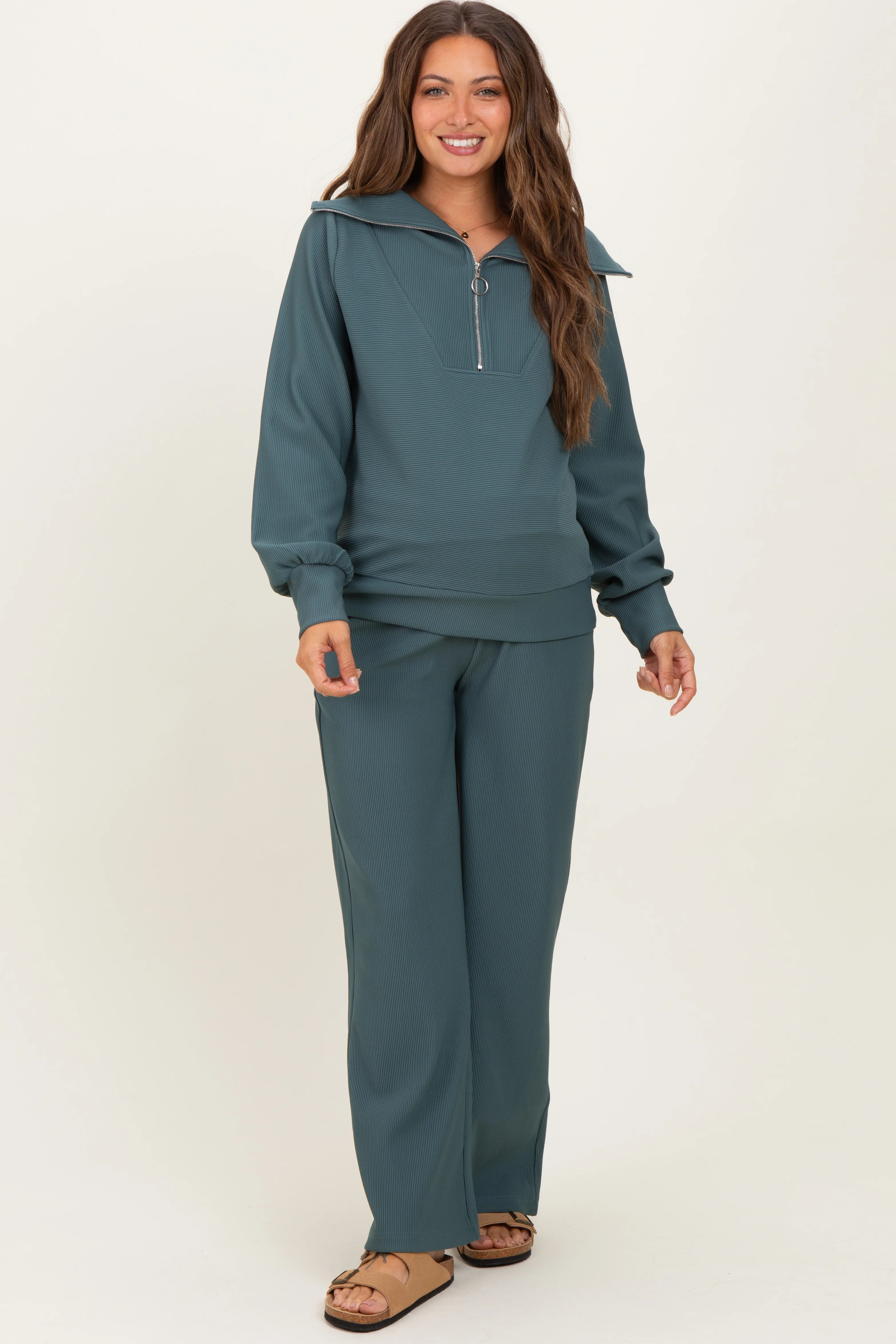 Teal Ribbed High Neck Half Zip Pullover Maternity Pant Set - Image 2