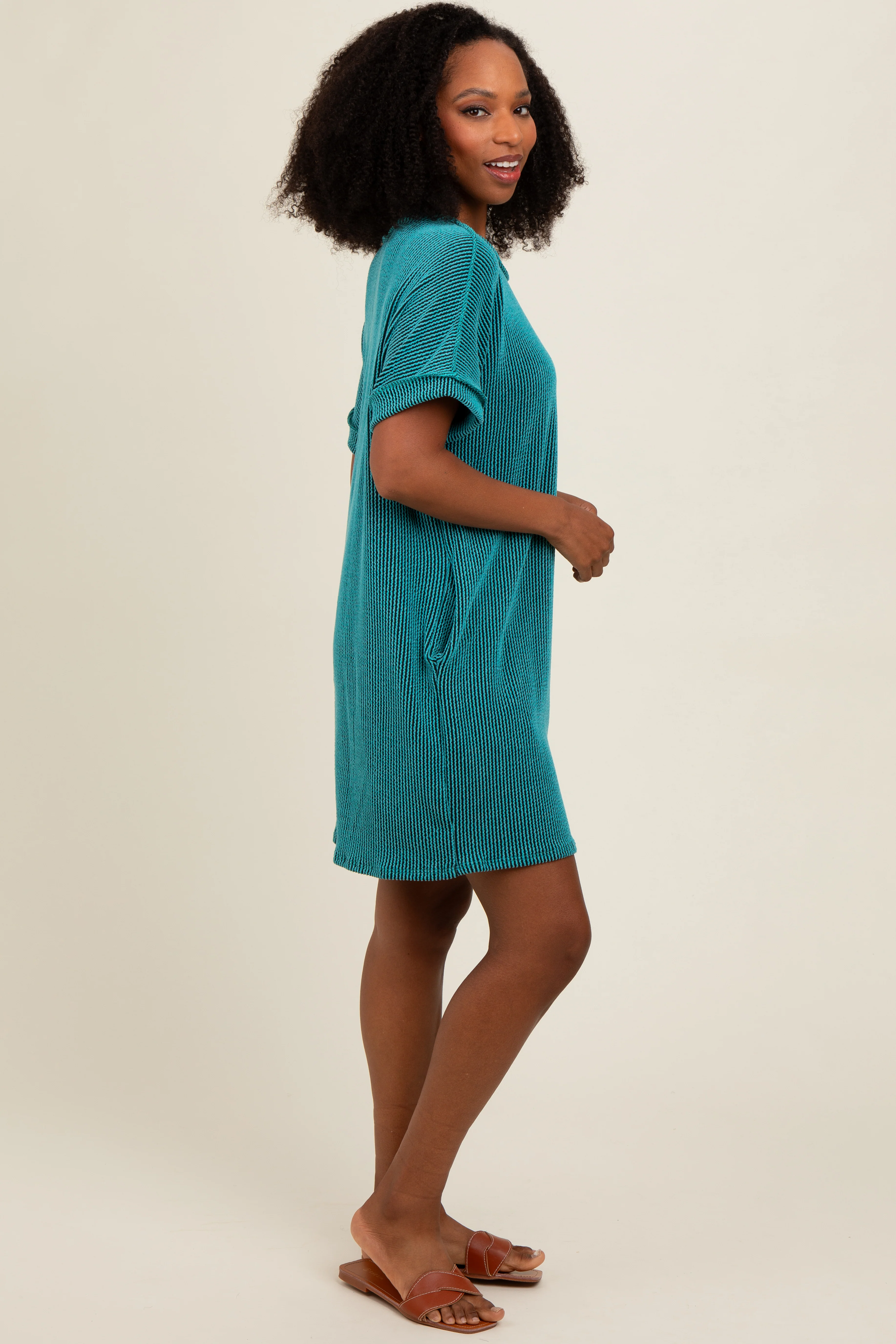 Teal Ribbed Rolled Cuff Dress - Image 3