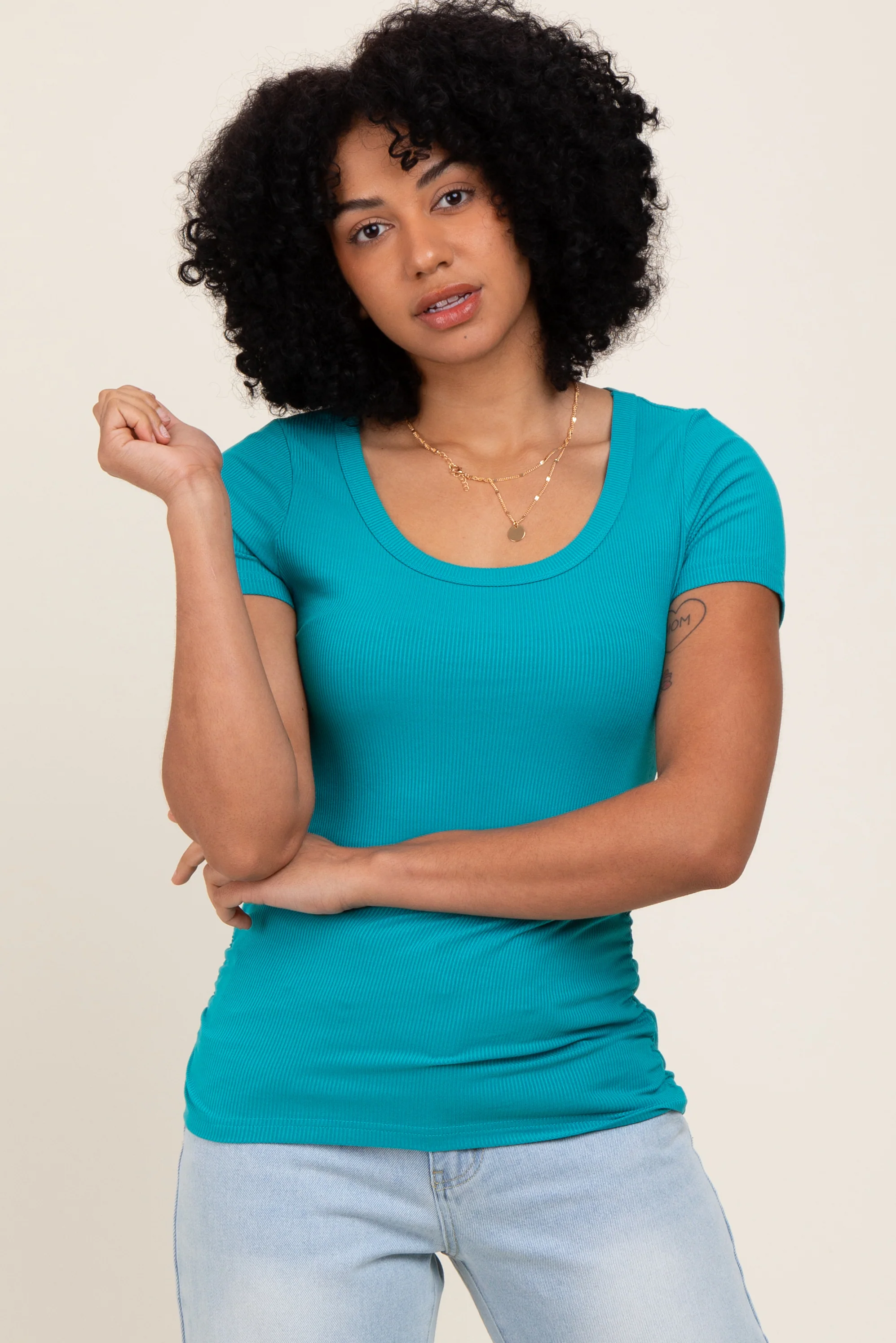 Teal Ribbed Ruched Short Sleeve Maternity Top - Image 5