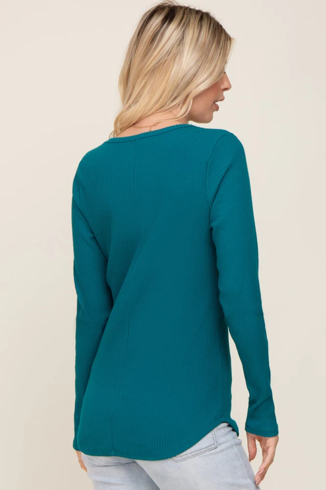 Teal Ribbed Scoop Neck Long Sleeve Top - Image 3