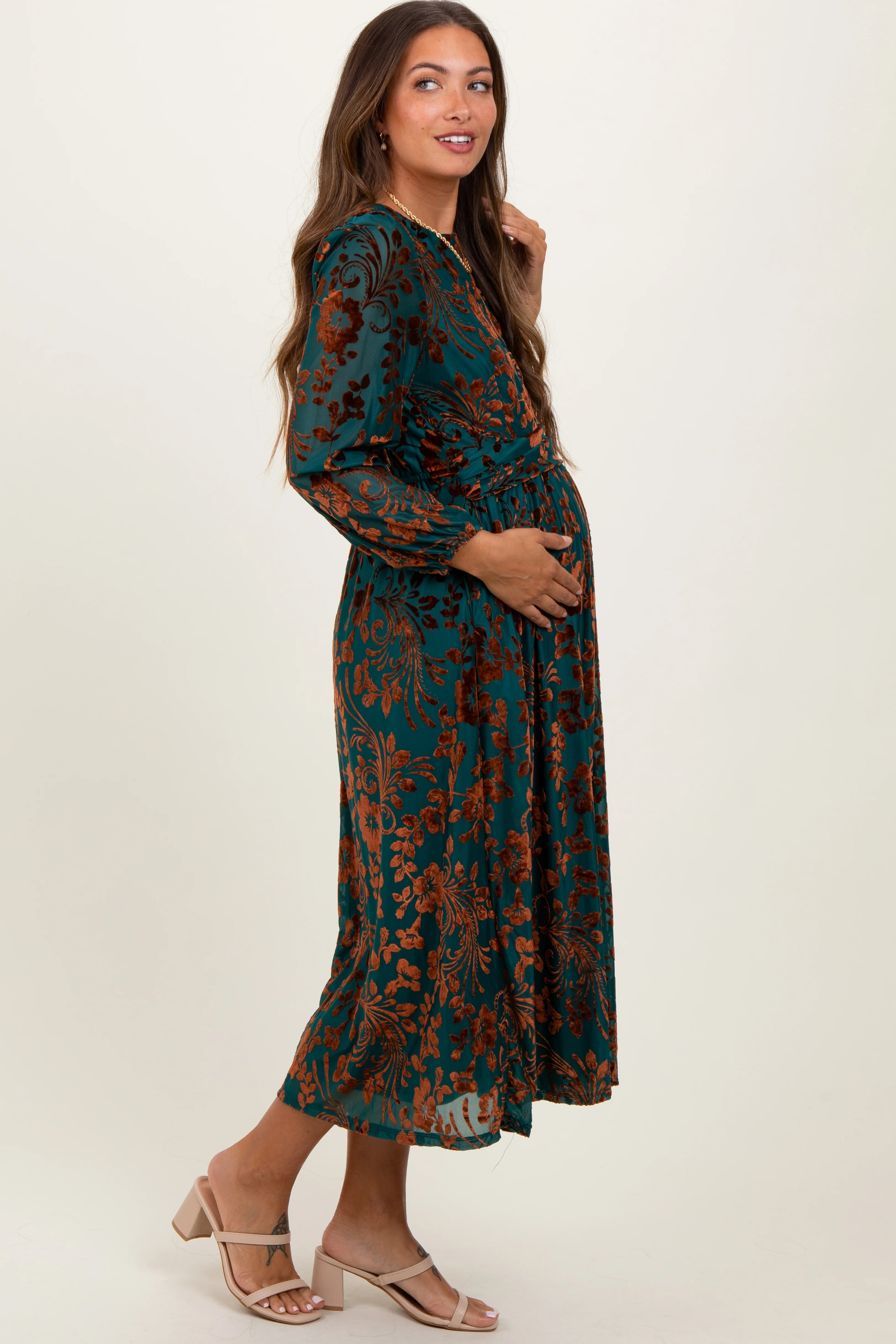 Teal Velvet Floral Overlay Maternity Midi Dress - Image 3